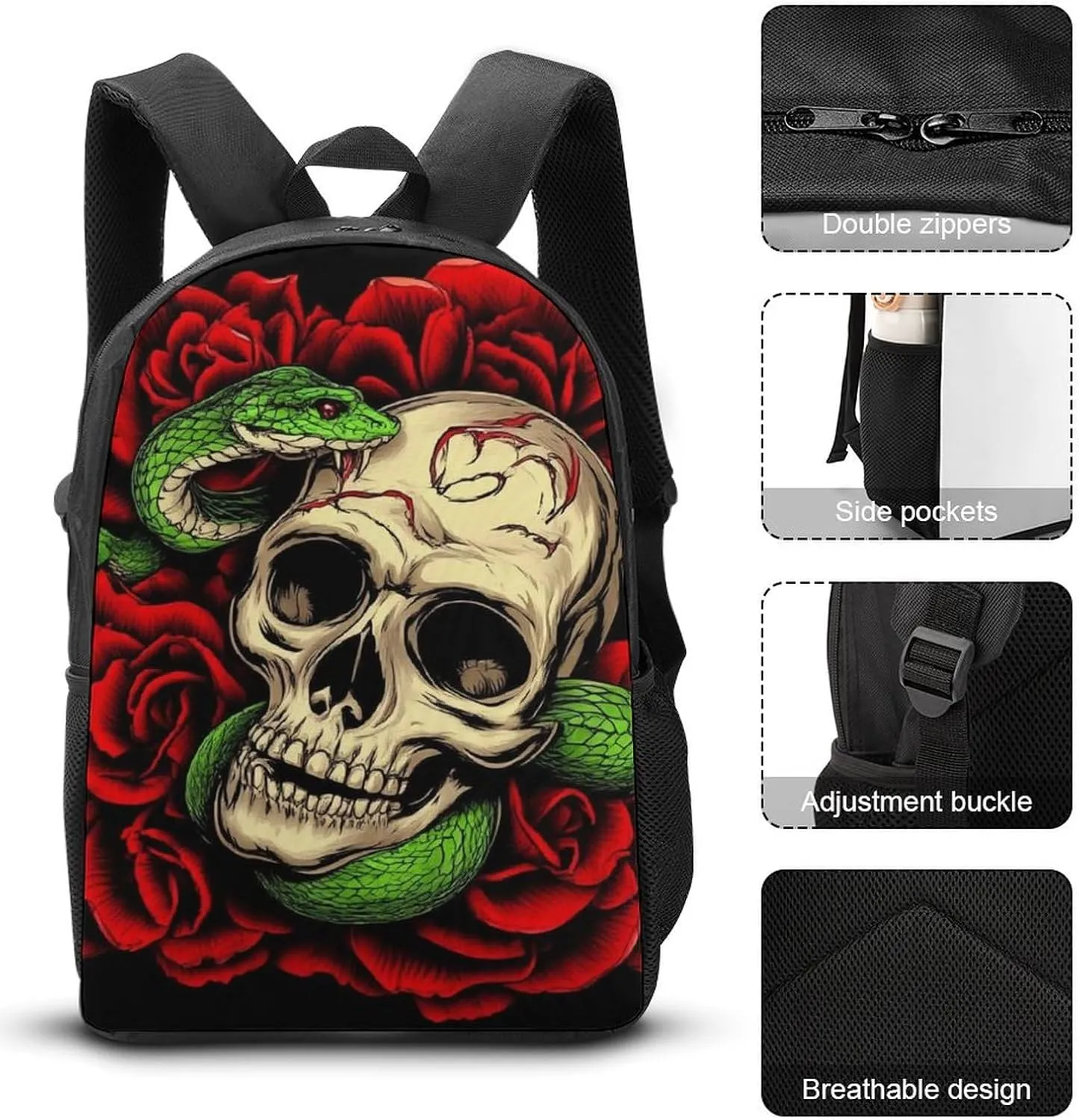 3-Pieces Backpack Skull Red Rose Florals Snake Art (1) Backpack Purse for Women Rucksack for Ladies Shoulder Bag