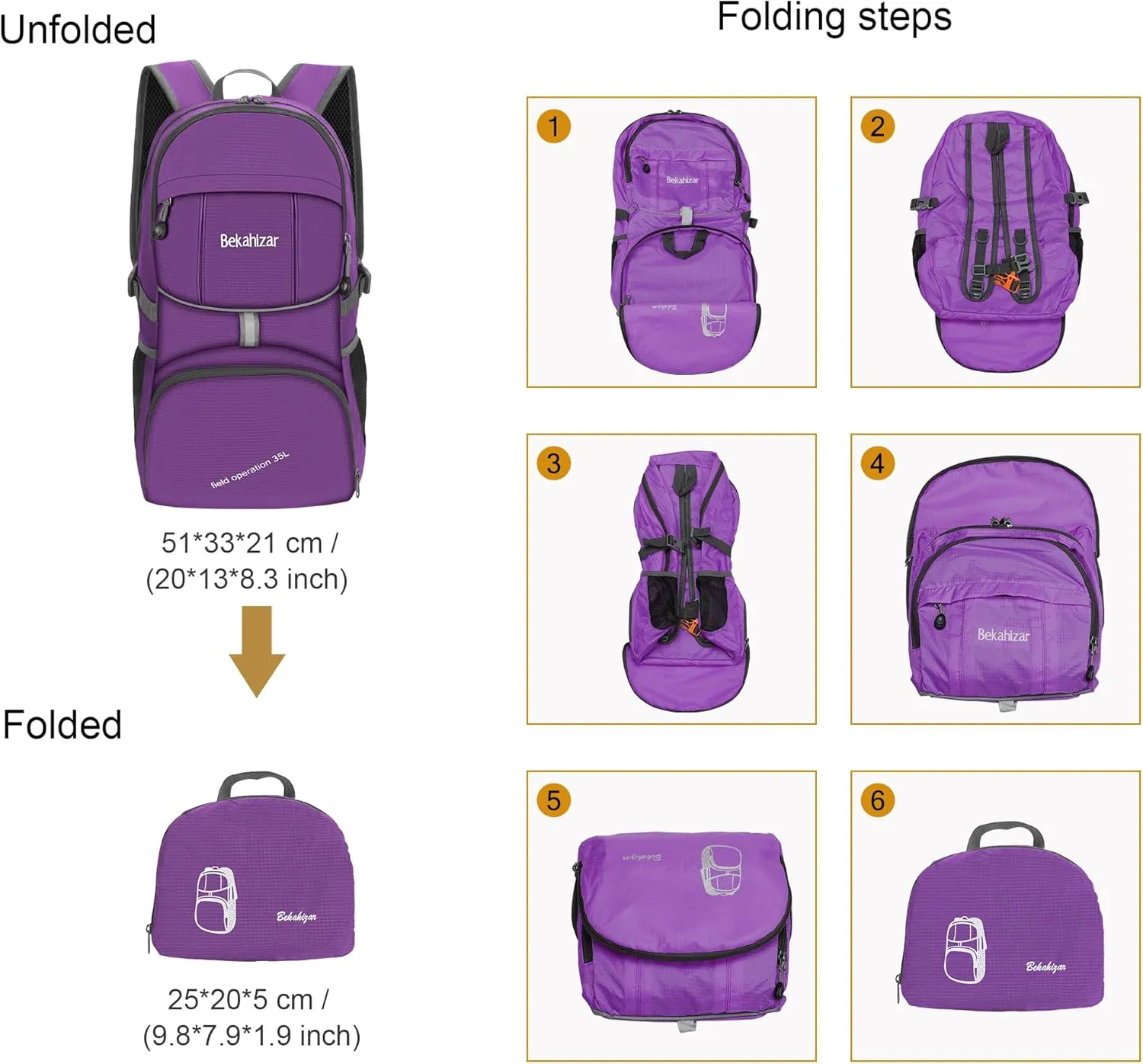 35L Lightweight Backpack Foldable Hiking Daypack Packable Travel Day Bag for Men Women Outdoor Walking Camping