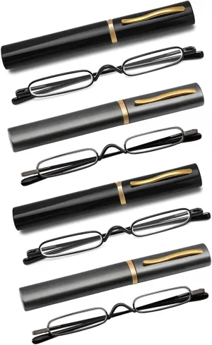 4 Pack Mini Slim Pen Reading Glasses - Compact Readers with Pen Clip Case Spring Hinge Metal Frame Eyeglasses (Two Black, Two Gunmetal,  2.25)