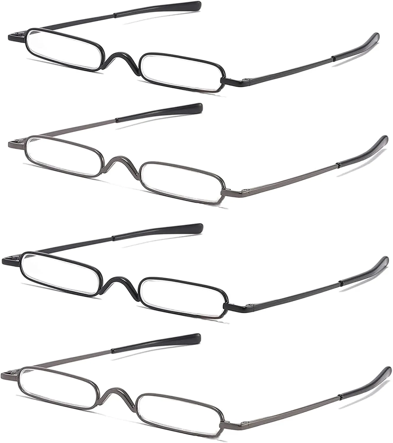 4 Pack Mini Slim Pen Reading Glasses - Compact Readers with Pen Clip Case Spring Hinge Metal Frame Eyeglasses (Two Black, Two Gunmetal,  2.25)
