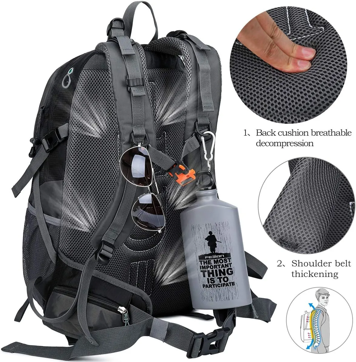 40L Waterproof Lightweight Outdoor Daypack Hiking,Camping,Travel Backpack for Men Women Black