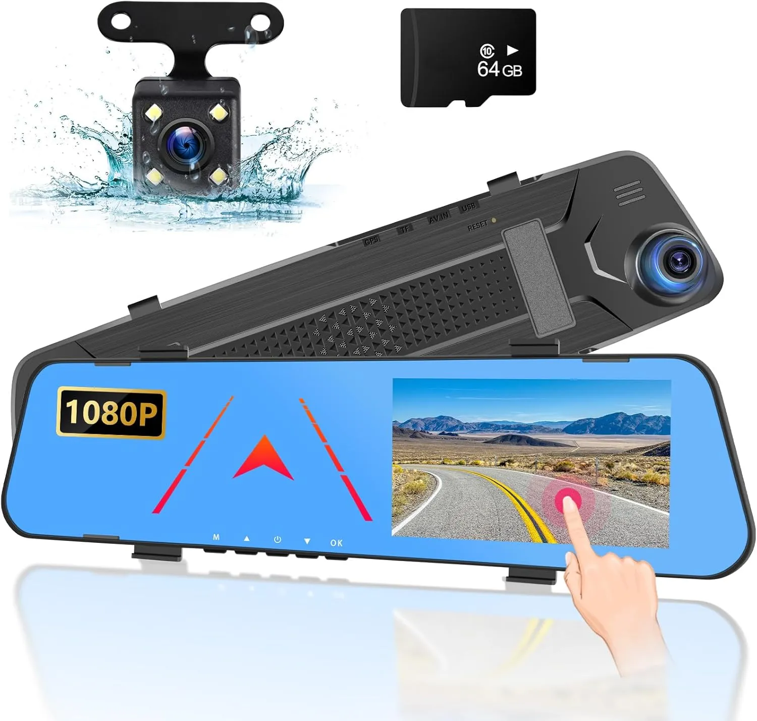 4.5 Inch Rear View Mirror Camera for Car with 64G TF Card, 1080P IPS Screen/Loop Recording / 150° Wide Angel/Night Vision/G-Sensor/Parking Assistance