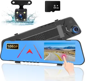 4.5 Inch Rear View Mirror Camera for Car with 64G TF Card, 1080P IPS Screen/Loop Recording / 150° Wide Angel/Night Vision/G-Sensor/Parking Assistance