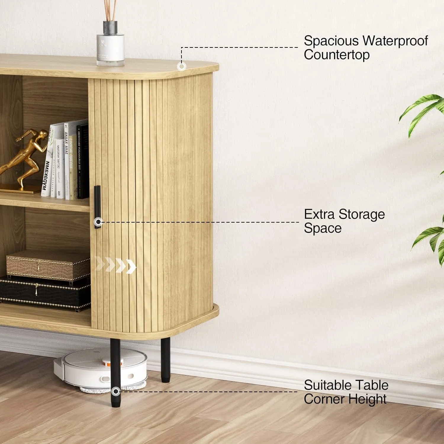 47''W x 32''H Storage Cabinet, Fluted Sideboard Buffet Accent Cabinet with Storage, Console Table Credenza with Tambour Slatted Sliding Doors and Shelves for Living Room, Kitchen, Natural