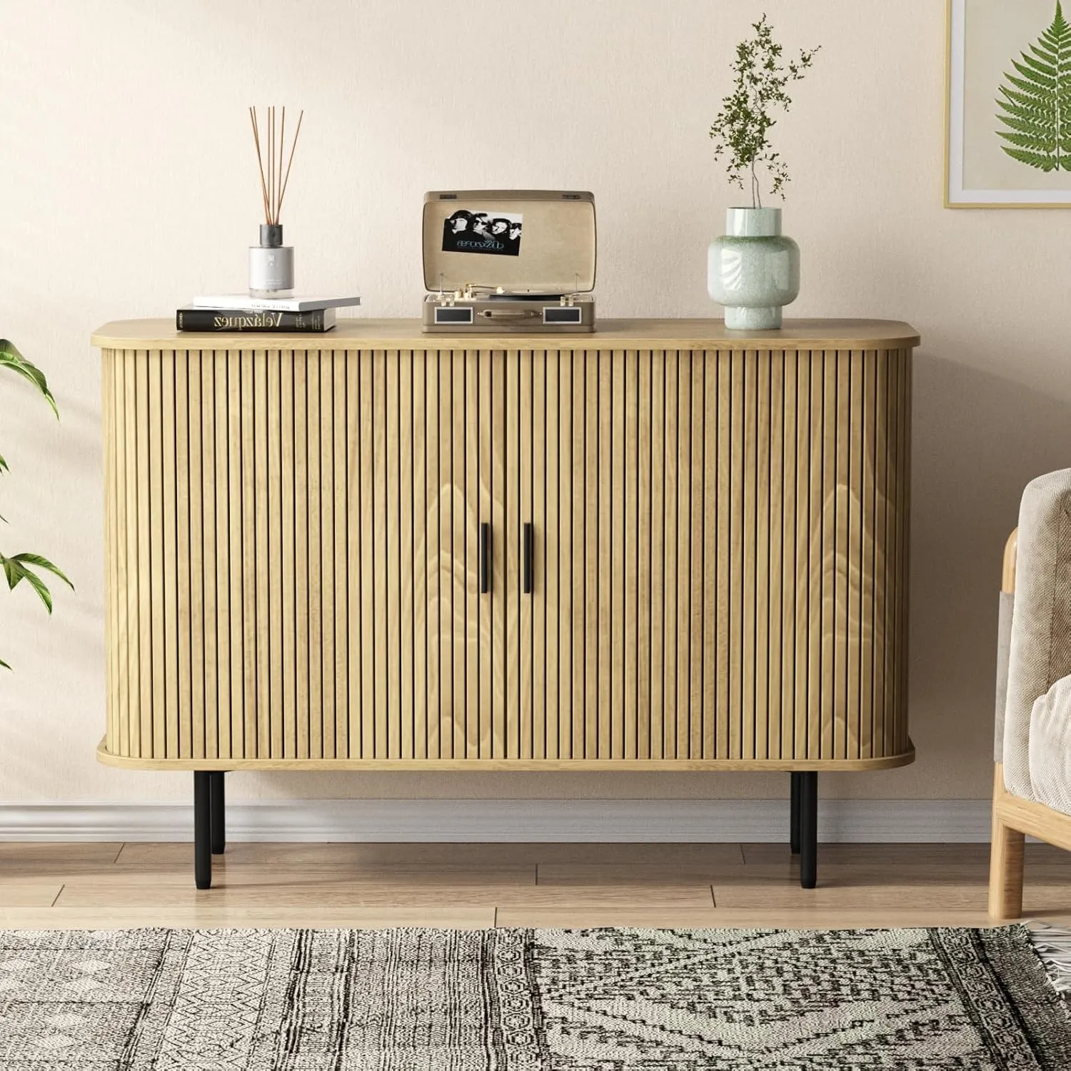 47''W x 32''H Storage Cabinet, Fluted Sideboard Buffet Accent Cabinet with Storage, Console Table Credenza with Tambour Slatted Sliding Doors and Shelves for Living Room, Kitchen, Natural