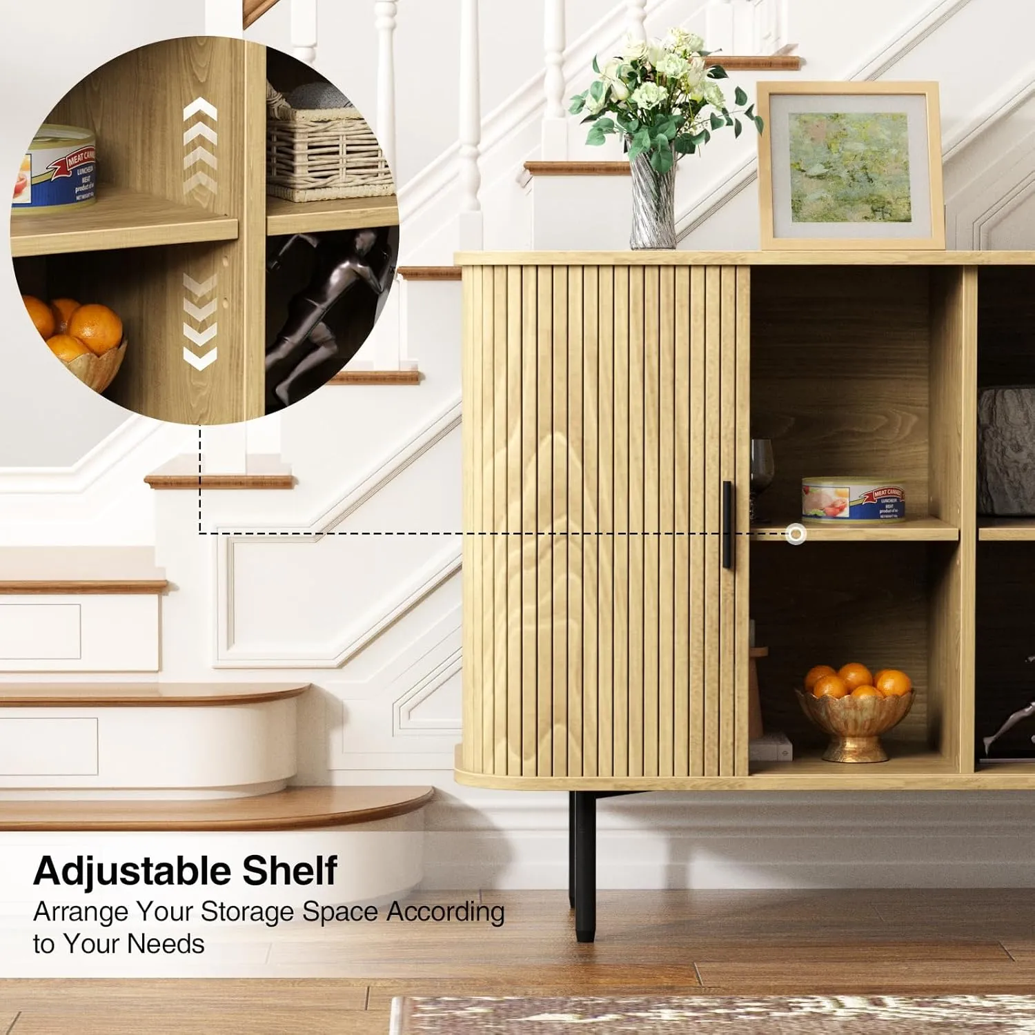 47''W x 32''H Storage Cabinet, Fluted Sideboard Buffet Accent Cabinet with Storage, Console Table Credenza with Tambour Slatted Sliding Doors and Shelves for Living Room, Kitchen, Natural