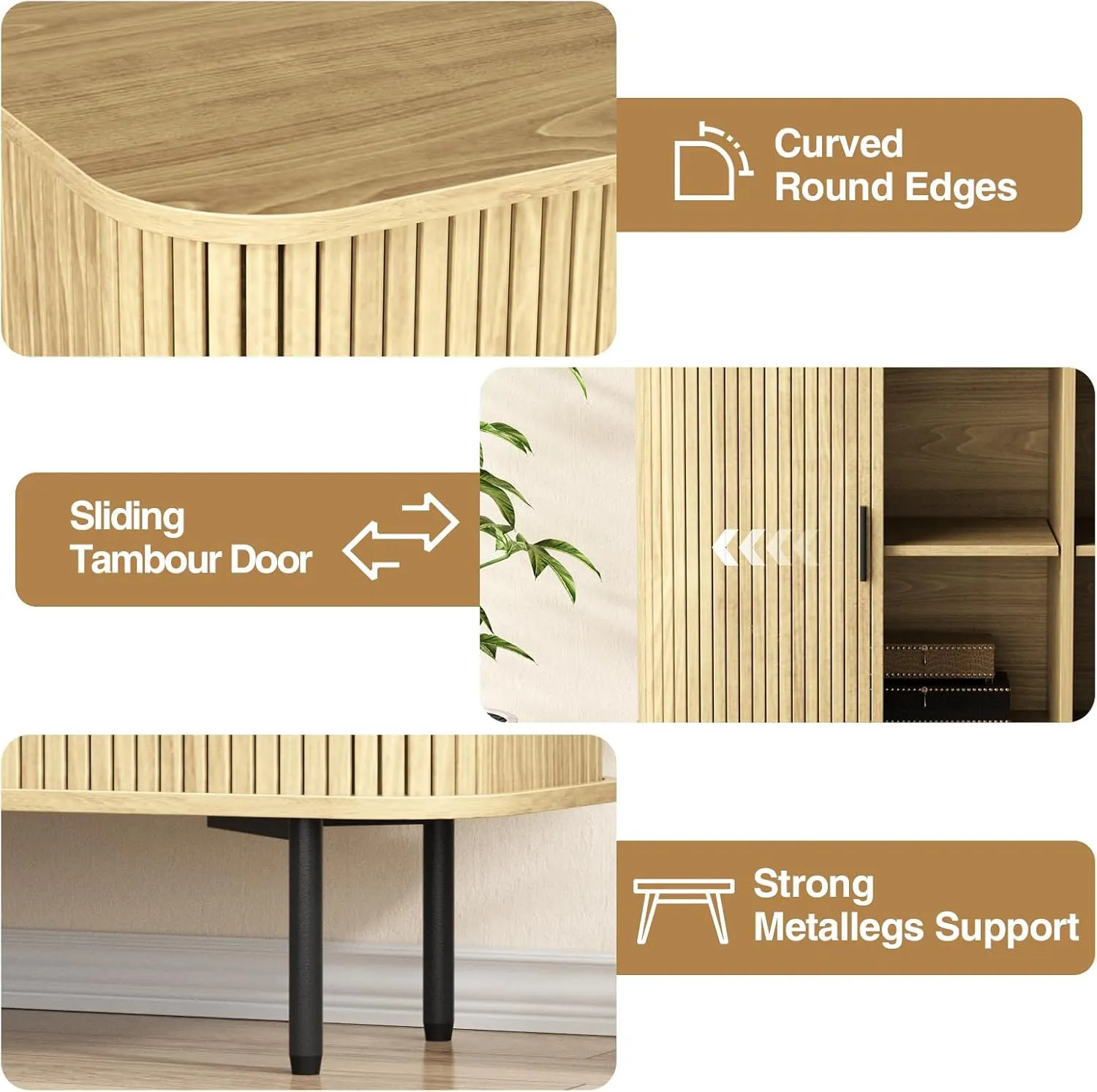 47''W x 32''H Storage Cabinet, Fluted Sideboard Buffet Accent Cabinet with Storage, Console Table Credenza with Tambour Slatted Sliding Doors and Shelves for Living Room, Kitchen, Natural