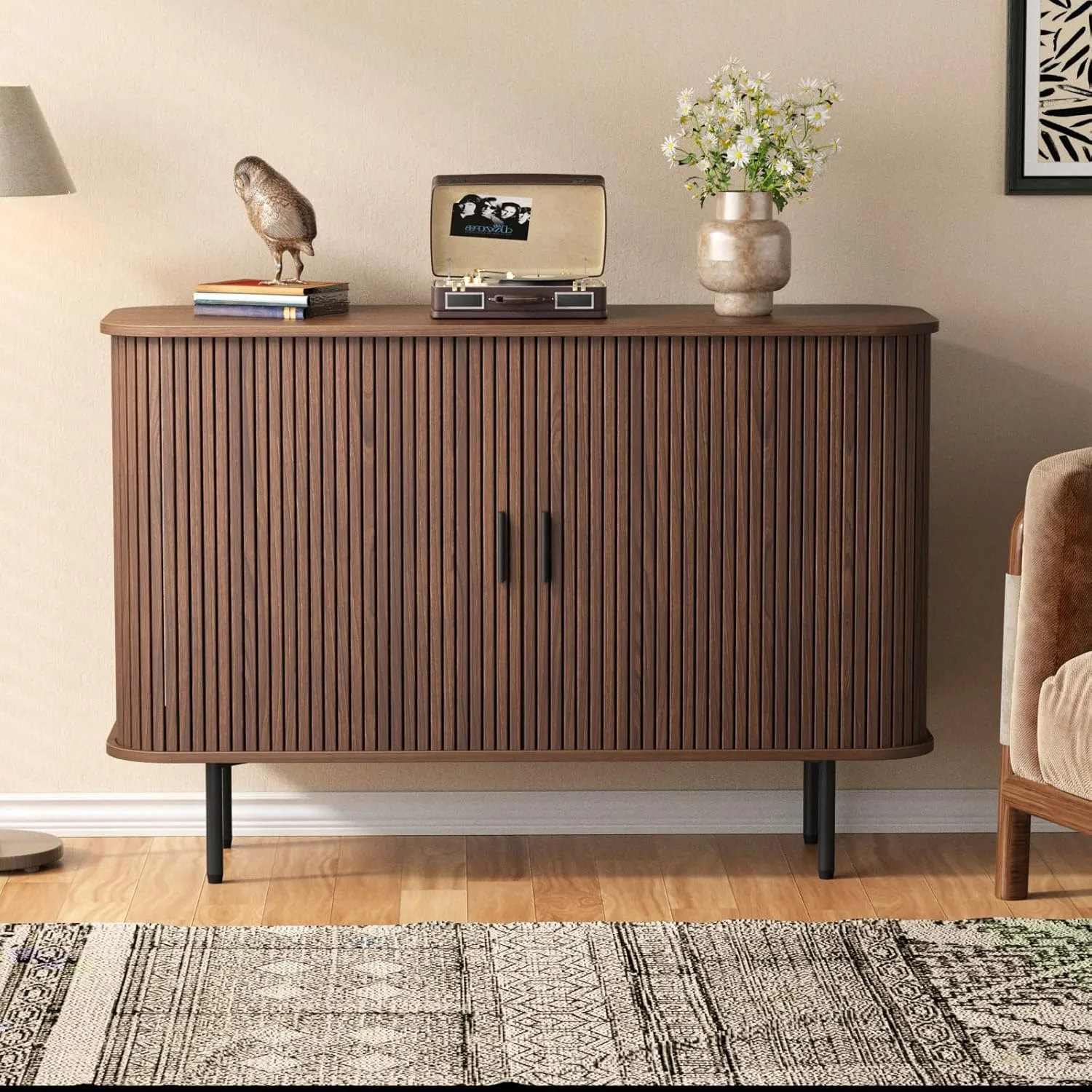 47''W x 32''H Walnut Storage Cabinet, Fluted Sideboard Buffet Cabinet with Storage, Console Table Credenza with Tambour Slatted Sliding Doors, TV Stand for Living Room, Kitchen