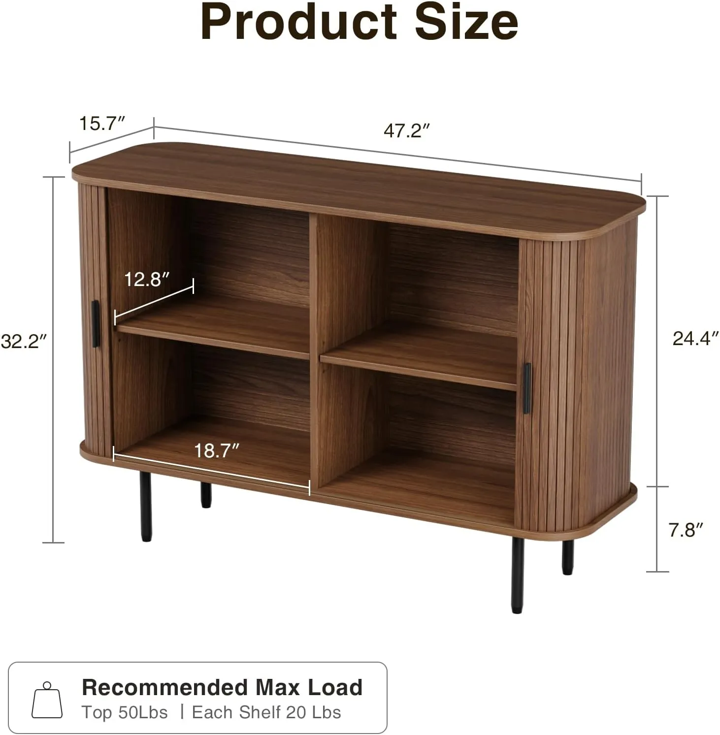 47''W x 32''H Walnut Storage Cabinet, Fluted Sideboard Buffet Cabinet with Storage, Console Table Credenza with Tambour Slatted Sliding Doors, TV Stand for Living Room, Kitchen