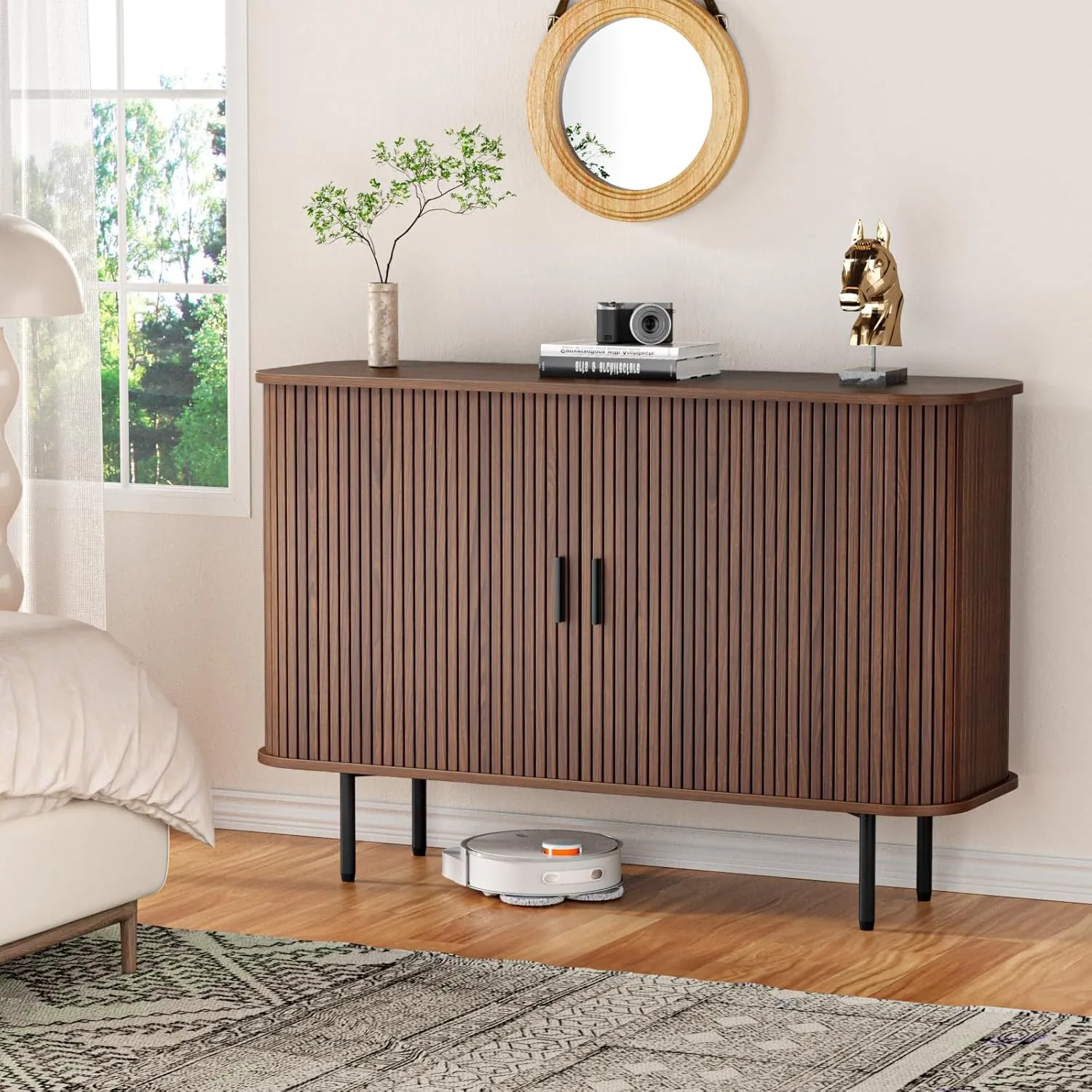 47''W x 32''H Walnut Storage Cabinet, Fluted Sideboard Buffet Cabinet with Storage, Console Table Credenza with Tambour Slatted Sliding Doors, TV Stand for Living Room, Kitchen