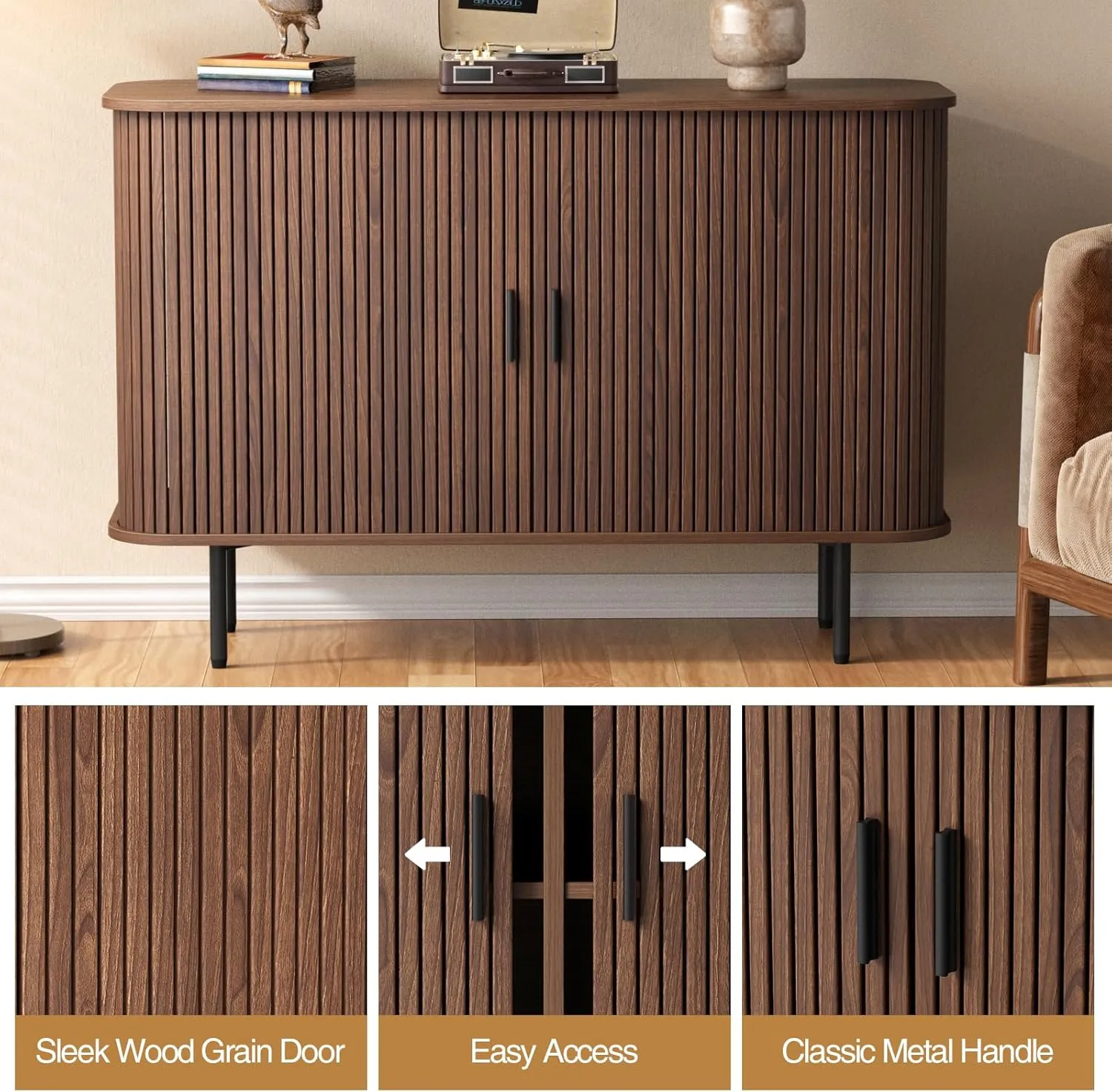 47''W x 32''H Walnut Storage Cabinet, Fluted Sideboard Buffet Cabinet with Storage, Console Table Credenza with Tambour Slatted Sliding Doors, TV Stand for Living Room, Kitchen