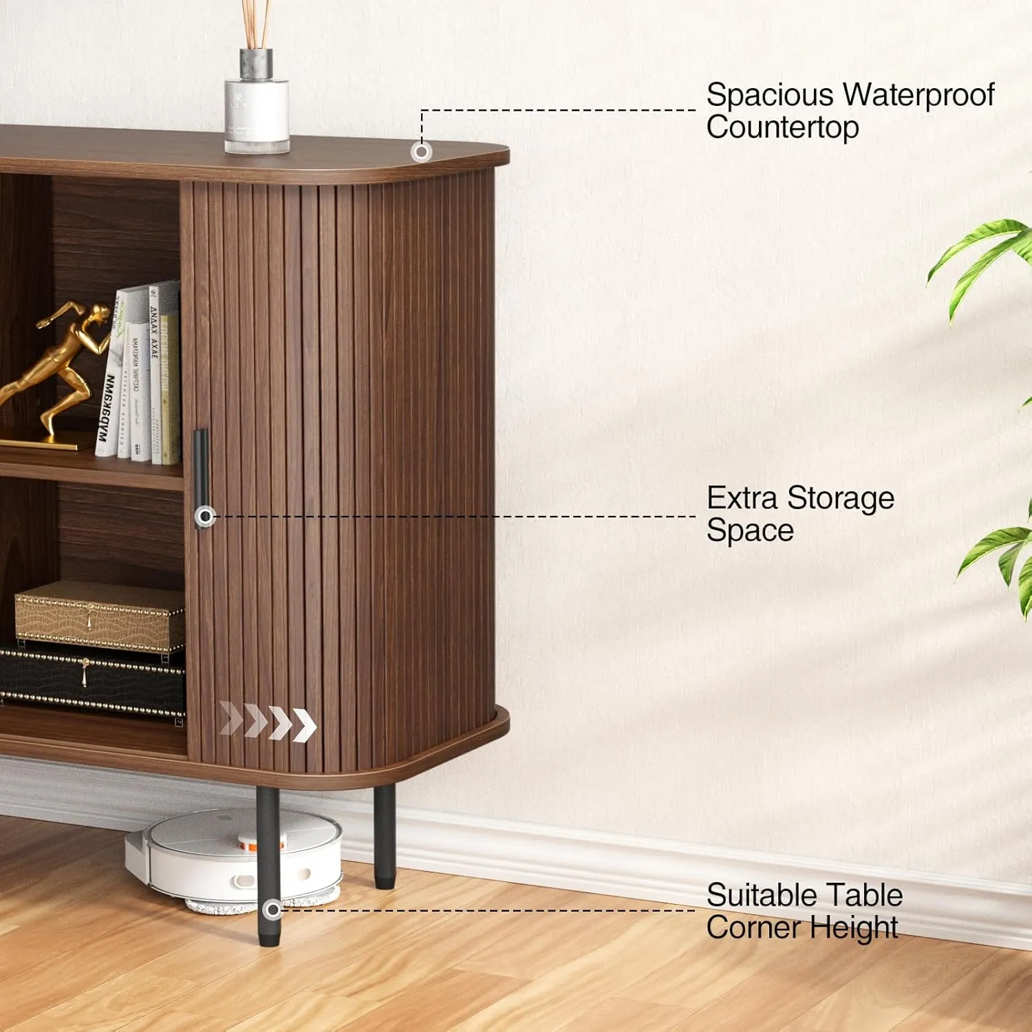 47''W x 32''H Walnut Storage Cabinet, Fluted Sideboard Buffet Cabinet with Storage, Console Table Credenza with Tambour Slatted Sliding Doors, TV Stand for Living Room, Kitchen