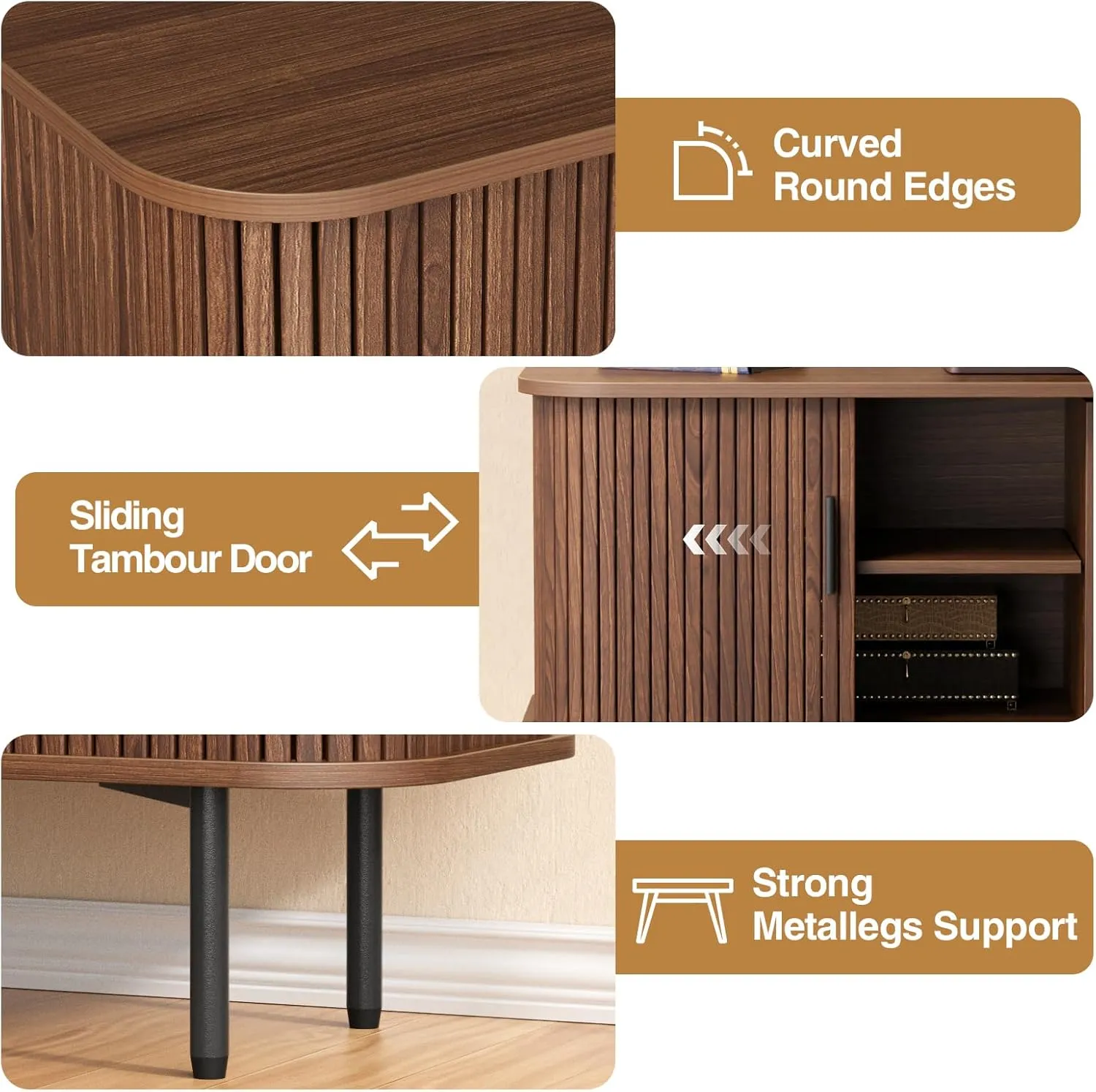 47''W x 32''H Walnut Storage Cabinet, Fluted Sideboard Buffet Cabinet with Storage, Console Table Credenza with Tambour Slatted Sliding Doors, TV Stand for Living Room, Kitchen