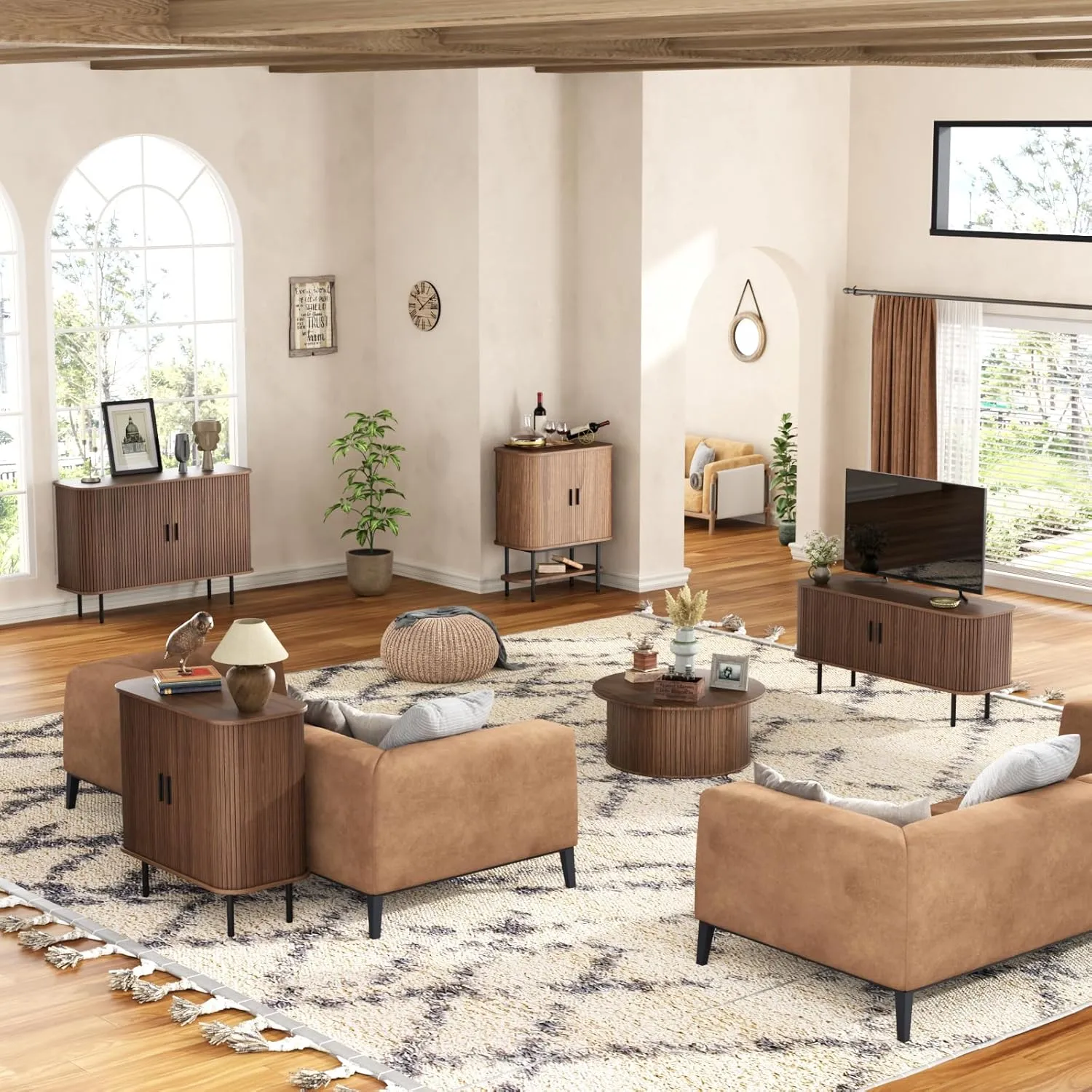 47''W x 32''H Walnut Storage Cabinet, Fluted Sideboard Buffet Cabinet with Storage, Console Table Credenza with Tambour Slatted Sliding Doors, TV Stand for Living Room, Kitchen