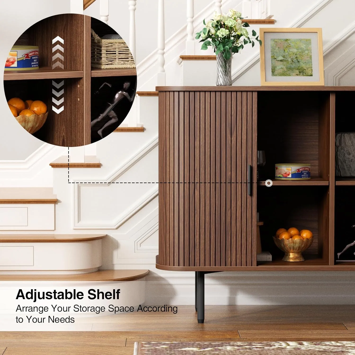47''W x 32''H Walnut Storage Cabinet, Fluted Sideboard Buffet Cabinet with Storage, Console Table Credenza with Tambour Slatted Sliding Doors, TV Stand for Living Room, Kitchen