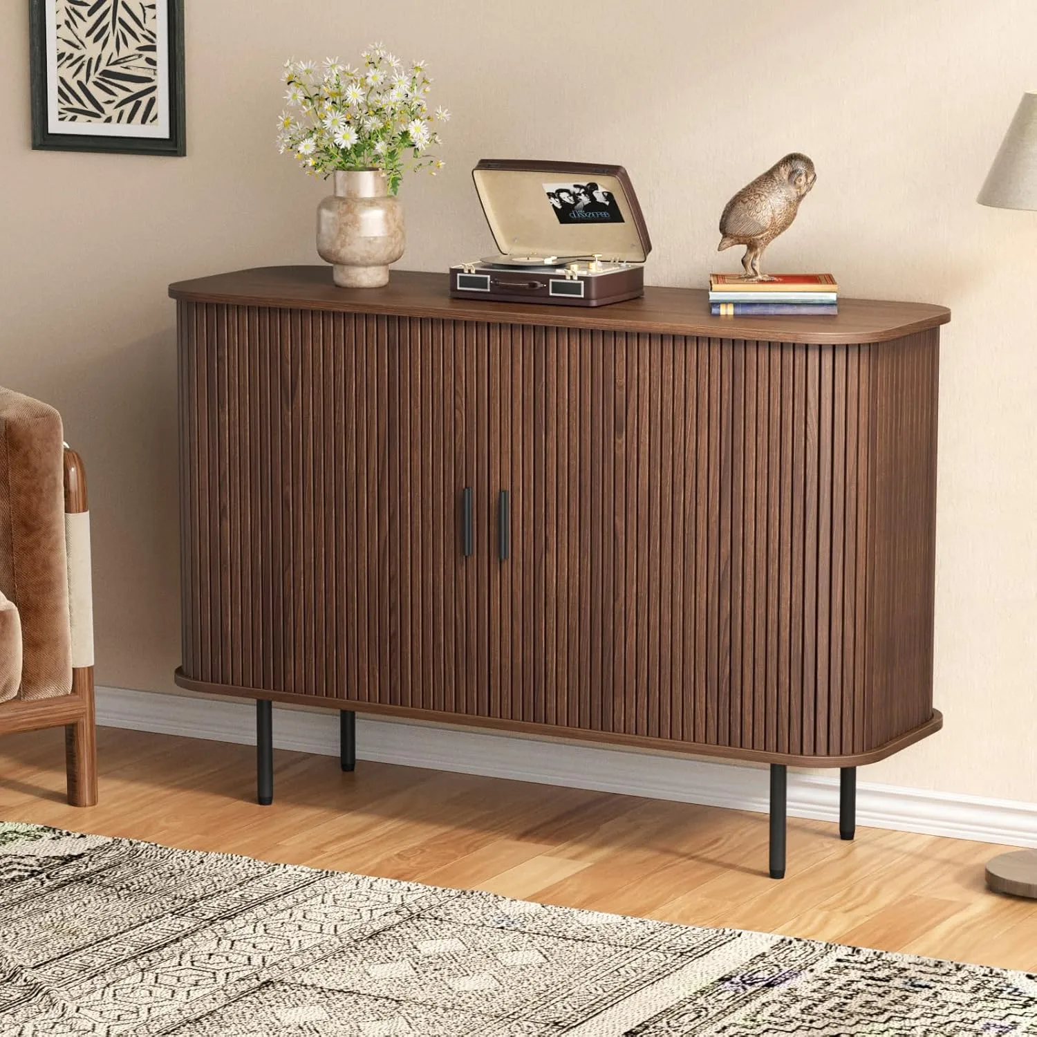 47''W x 32''H Walnut Storage Cabinet, Fluted Sideboard Buffet Cabinet with Storage, Console Table Credenza with Tambour Slatted Sliding Doors, TV Stand for Living Room, Kitchen