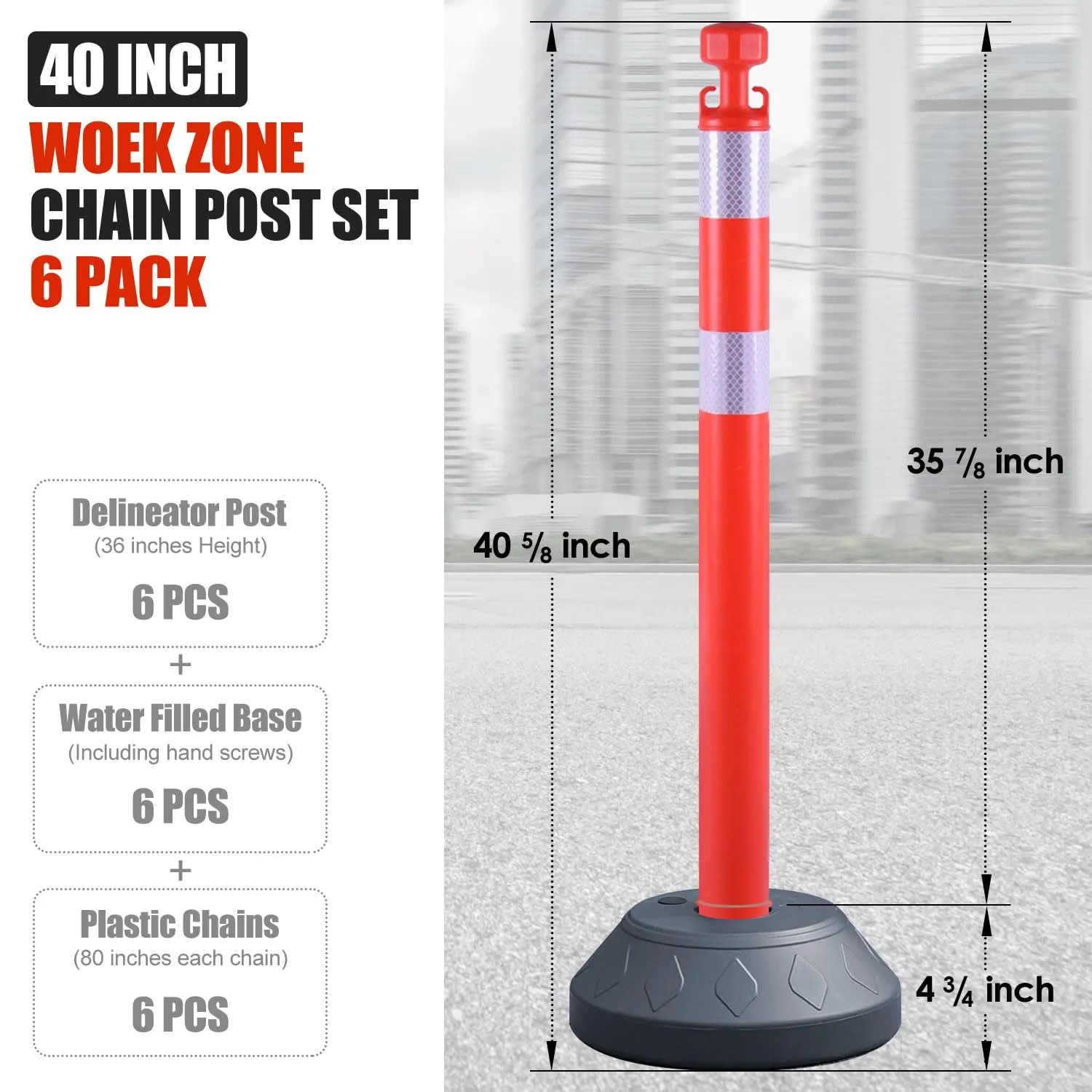 6 Pack 40" inch Work Zone Chain Post Set, Traffic Delineator Post Cones with Reflective Tapes, 6 x 6.6' Feet Plastic Chains, Portable Crowd Control Stanchion Set (Red-Water Filled Base)