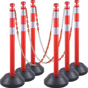 6 Pack 40" inch Work Zone Chain Post Set, Traffic Delineator Post Cones with Reflective Tapes, 6 x 6.6' Feet Plastic Chains, Portable Crowd Control Stanchion Set (Red-Water Filled Base)