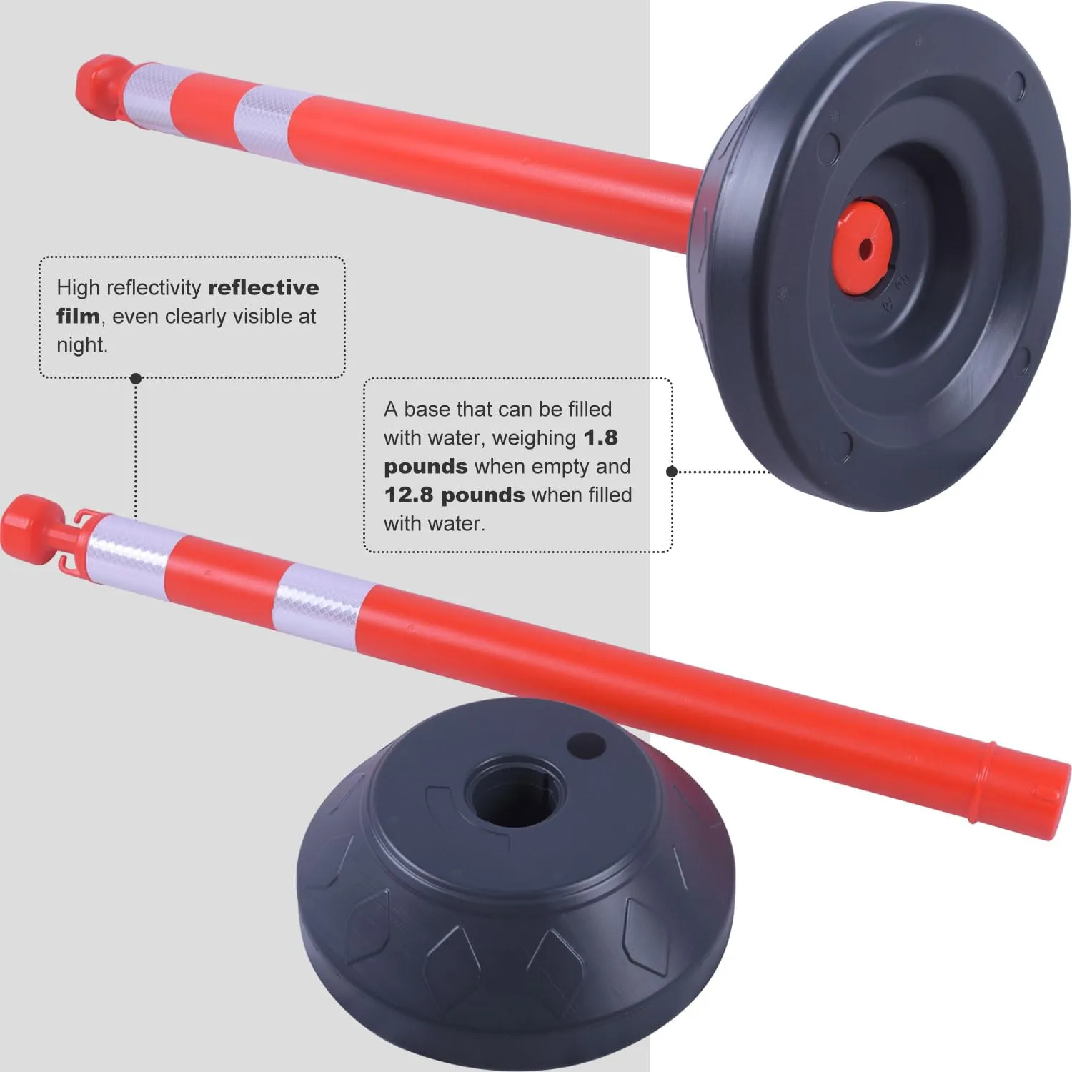 6 Pack 40" inch Work Zone Chain Post Set, Traffic Delineator Post Cones with Reflective Tapes, 6 x 6.6' Feet Plastic Chains, Portable Crowd Control Stanchion Set (Red-Water Filled Base)