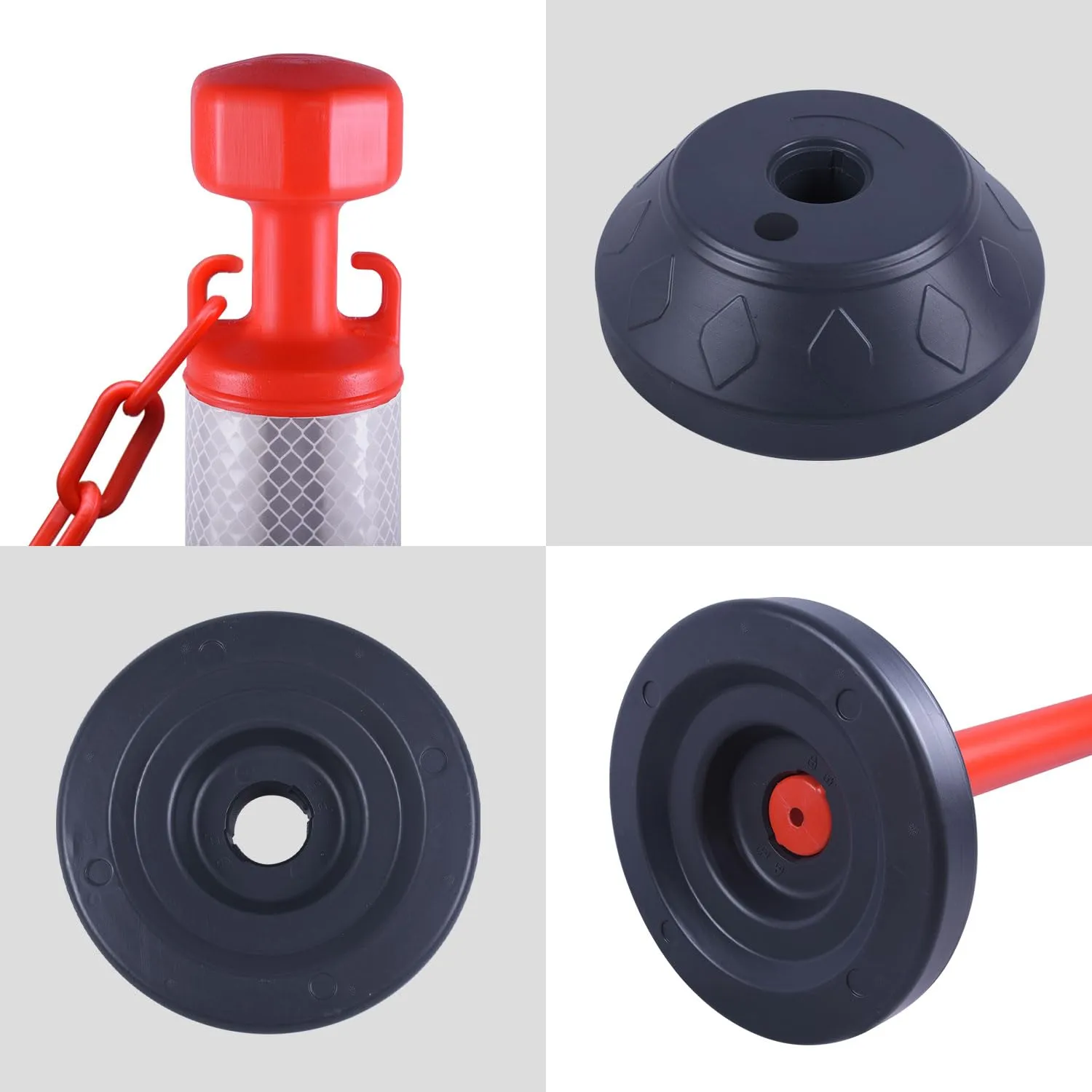 6 Pack 40" inch Work Zone Chain Post Set, Traffic Delineator Post Cones with Reflective Tapes, 6 x 6.6' Feet Plastic Chains, Portable Crowd Control Stanchion Set (Red-Water Filled Base)