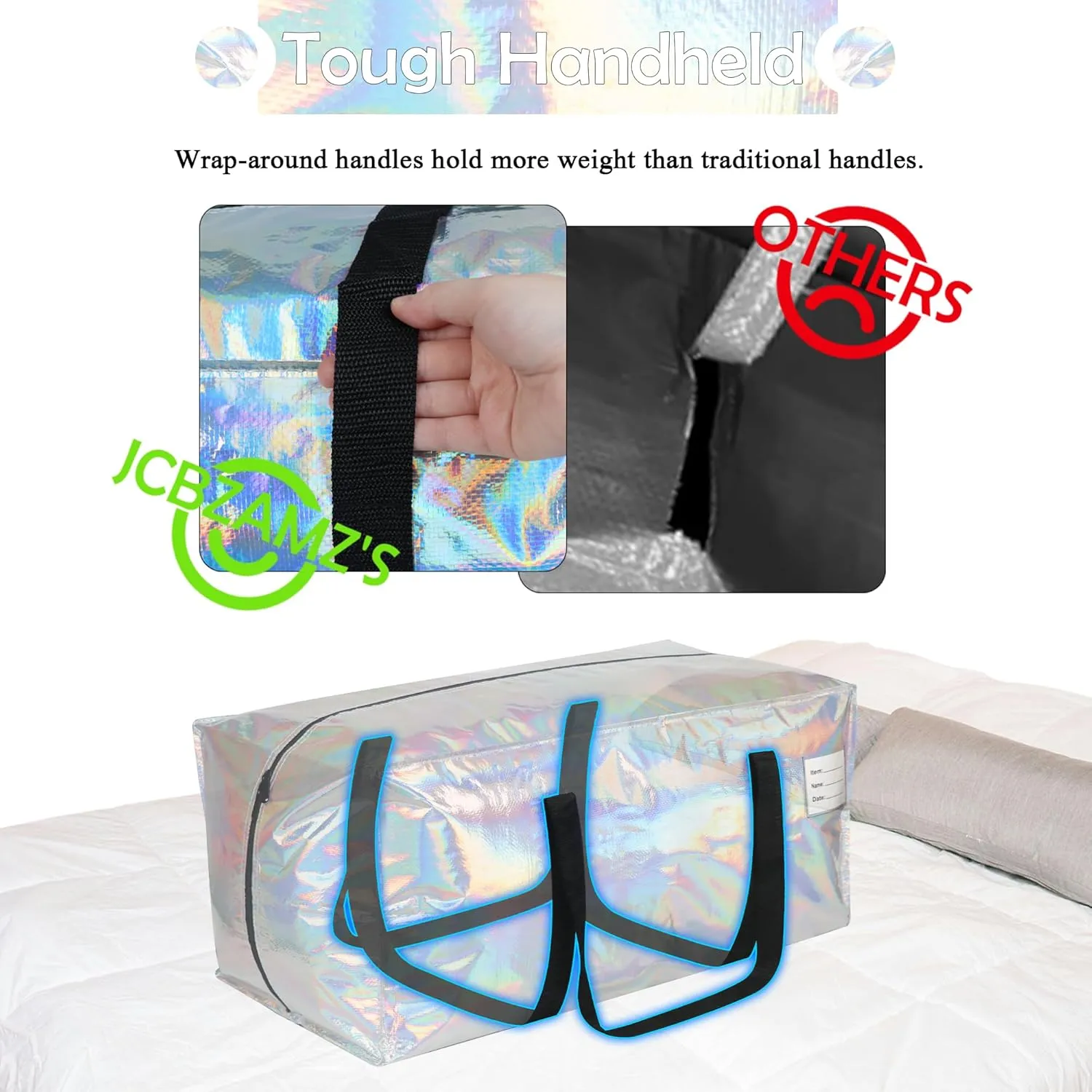 6 Pack Heavy Duty Moving Bags Extra Large Waterproof Foldable Clothing Storage Totes Bags with Zipper,Reinforced Handles,Packing Moving Boxes for Dorm & Seasonal Storage,Iridescent