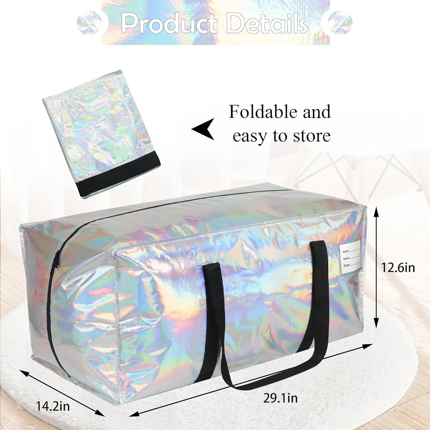 6 Pack Heavy Duty Moving Bags Extra Large Waterproof Foldable Clothing Storage Totes Bags with Zipper,Reinforced Handles,Packing Moving Boxes for Dorm & Seasonal Storage,Iridescent