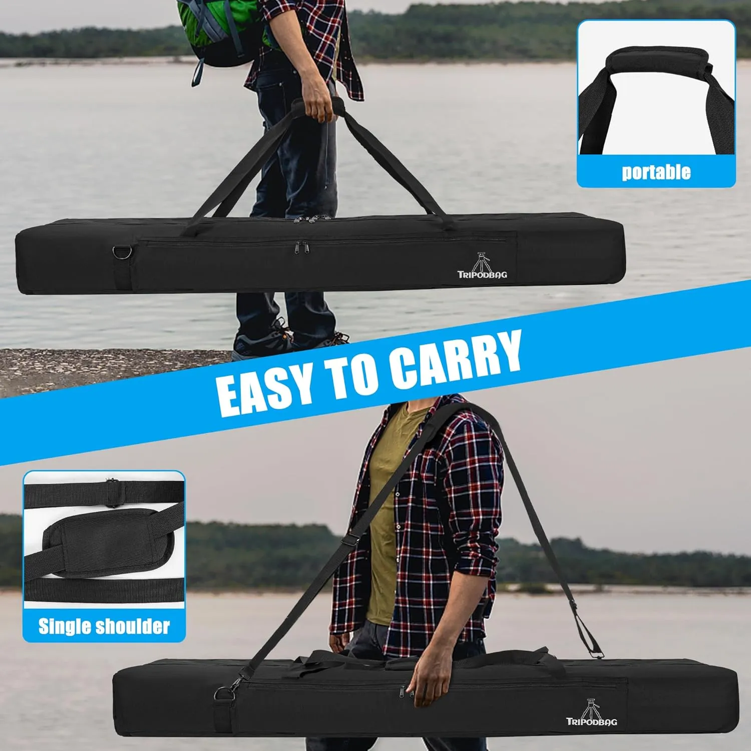 60" Multifunctional Tripod Bag, Heavy Duty Tripod Carrying Case with Dual Compartment for Music Stand, Mic Stand, Speakers Stand, Tripods, Lights, Boom Stand, Cameras, Monopods Stand