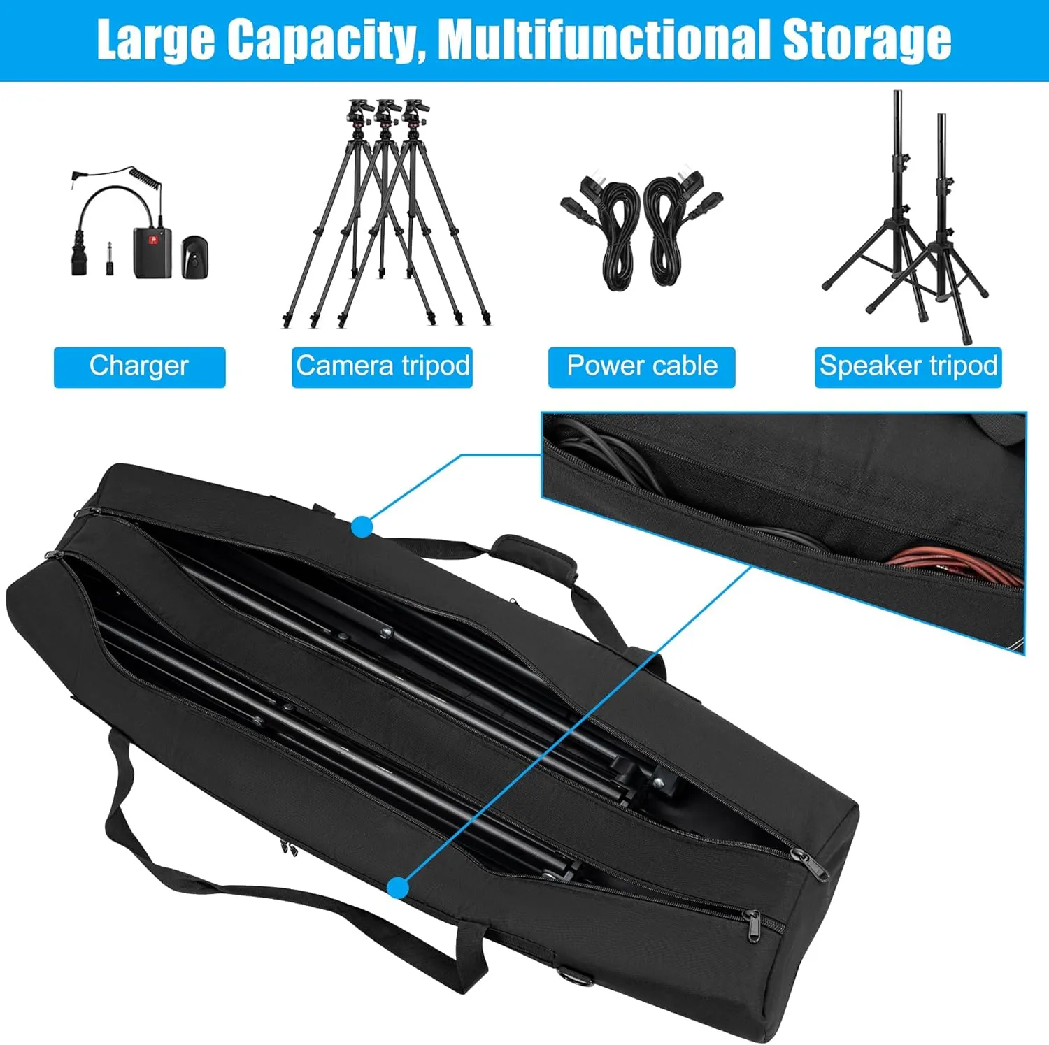 60" Multifunctional Tripod Bag, Heavy Duty Tripod Carrying Case with Dual Compartment for Music Stand, Mic Stand, Speakers Stand, Tripods, Lights, Boom Stand, Cameras, Monopods Stand
