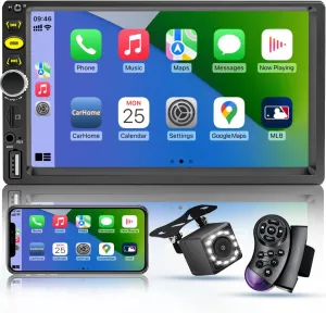 7 Double Din Touch Screen Car Radio with Apple CarPlay,7 Inch Bluetooth Car Stereo with Backup Camera, FM Steering Wheel Controls,Mirror Link Navigation,USB/TF/Subwoorf/240 watts