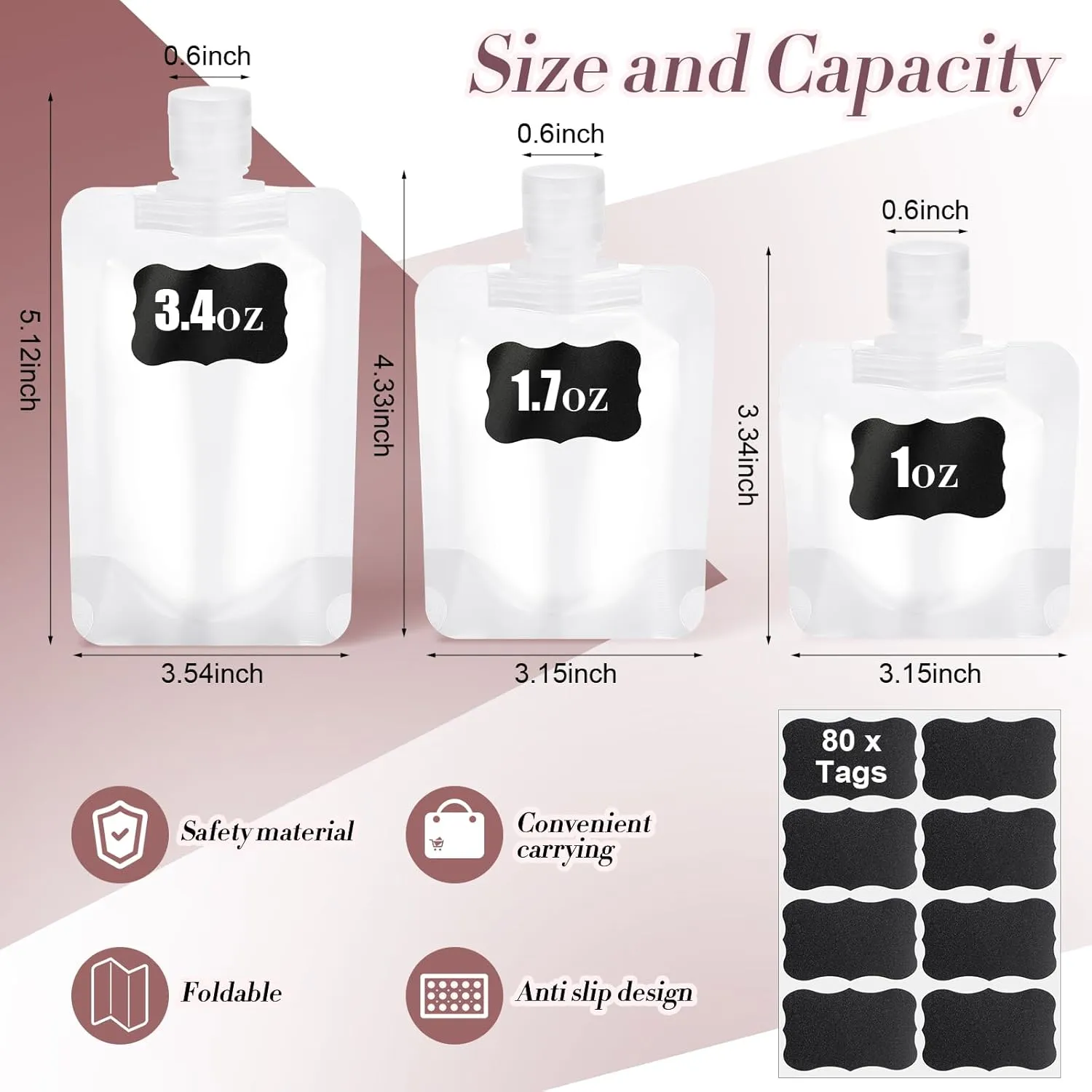 72 Pcs Travel Pouches for Toiletries Bulk Leakproof Refillable Travel Size Containers TSA Approved Squeeze Empty Pouches Containers for Shampoo Conditioner Lotion Soap Liquids(Multi Size)