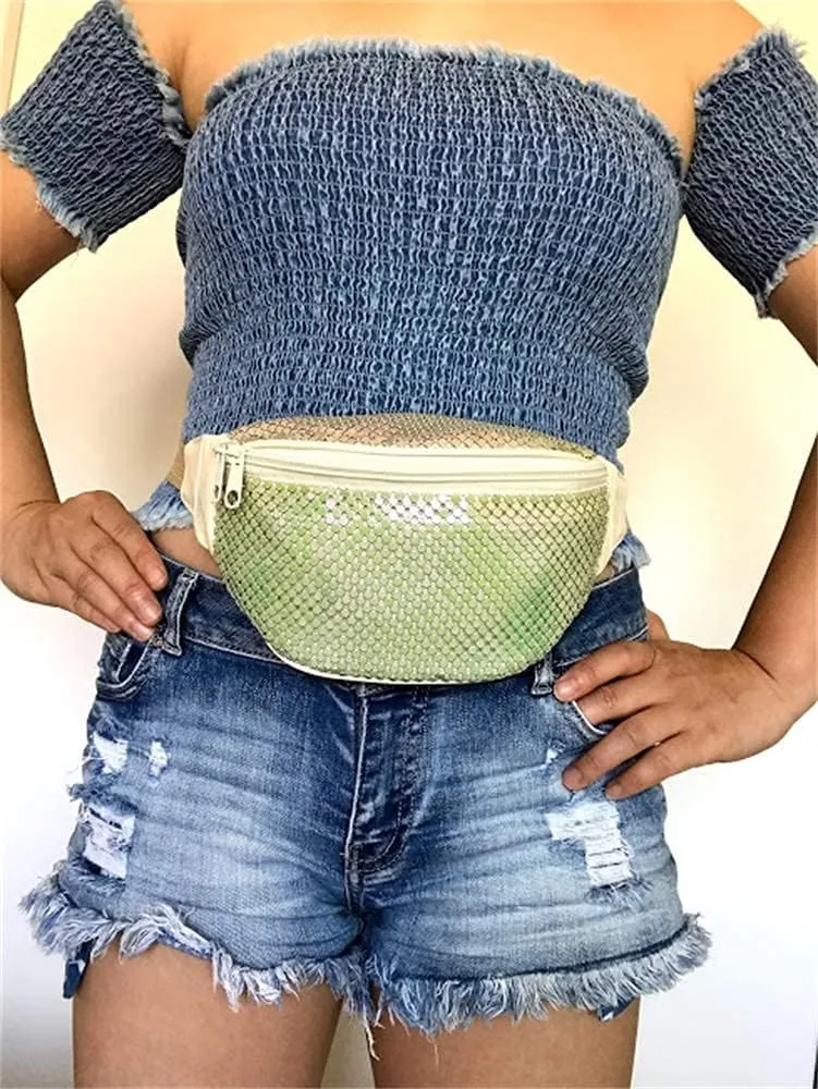 80s 90s Fanny Pack Metal Mesh Bumbag Shiny Rave Waist Bag Adjustable Belt for Festival Party or Daily Use