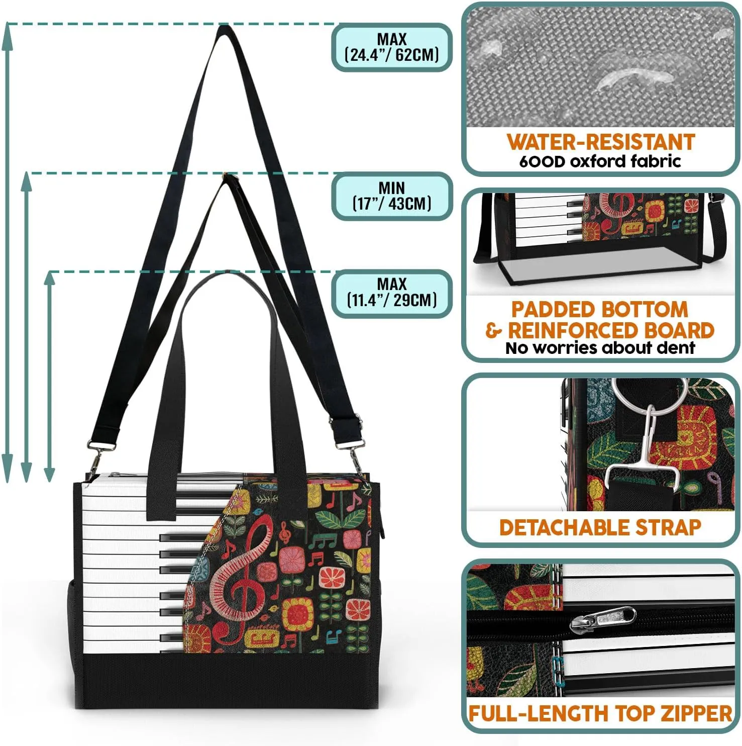 84hoods Large Tote Bag for Women with Pockets and Zipper. Gift for Music Teachers and Piano Lovers.