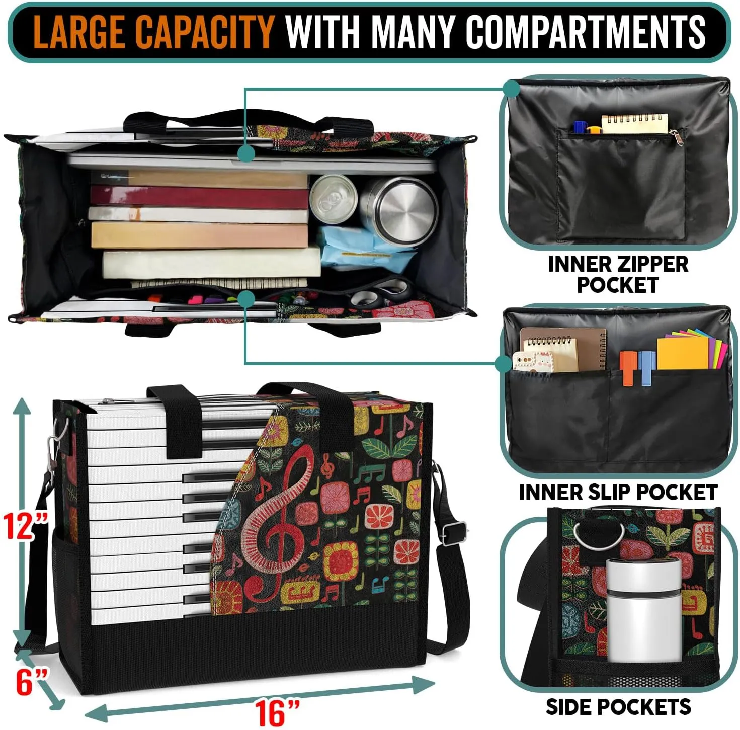 84hoods Large Tote Bag for Women with Pockets and Zipper. Gift for Music Teachers and Piano Lovers.