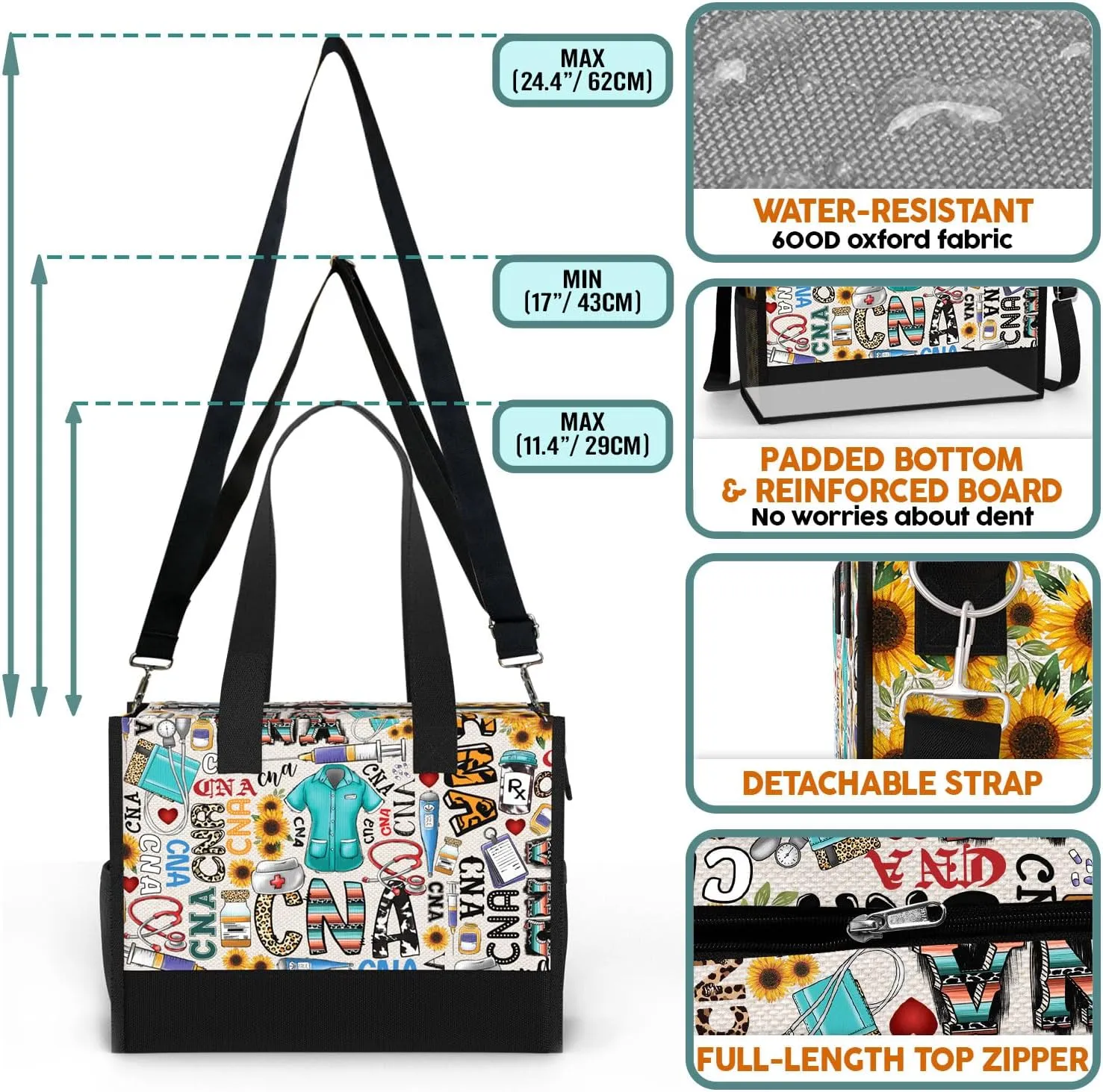 84hoods Large Waterproof Tote Bag with Pockets and Zipper for Travel, Work, Grocery. Gift for CNA.