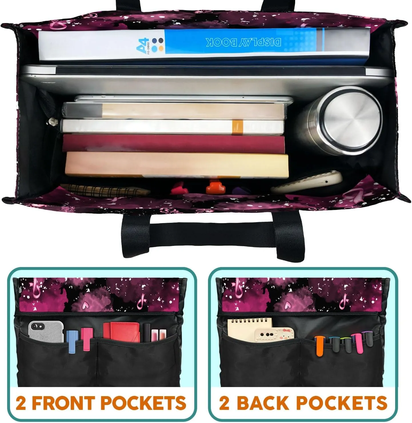 84hoods Multi-Pocket Waterproof Tote Bag with Multiple Convenient Pockets and Zipper. Breast Cancer Awareness Gift for Women.