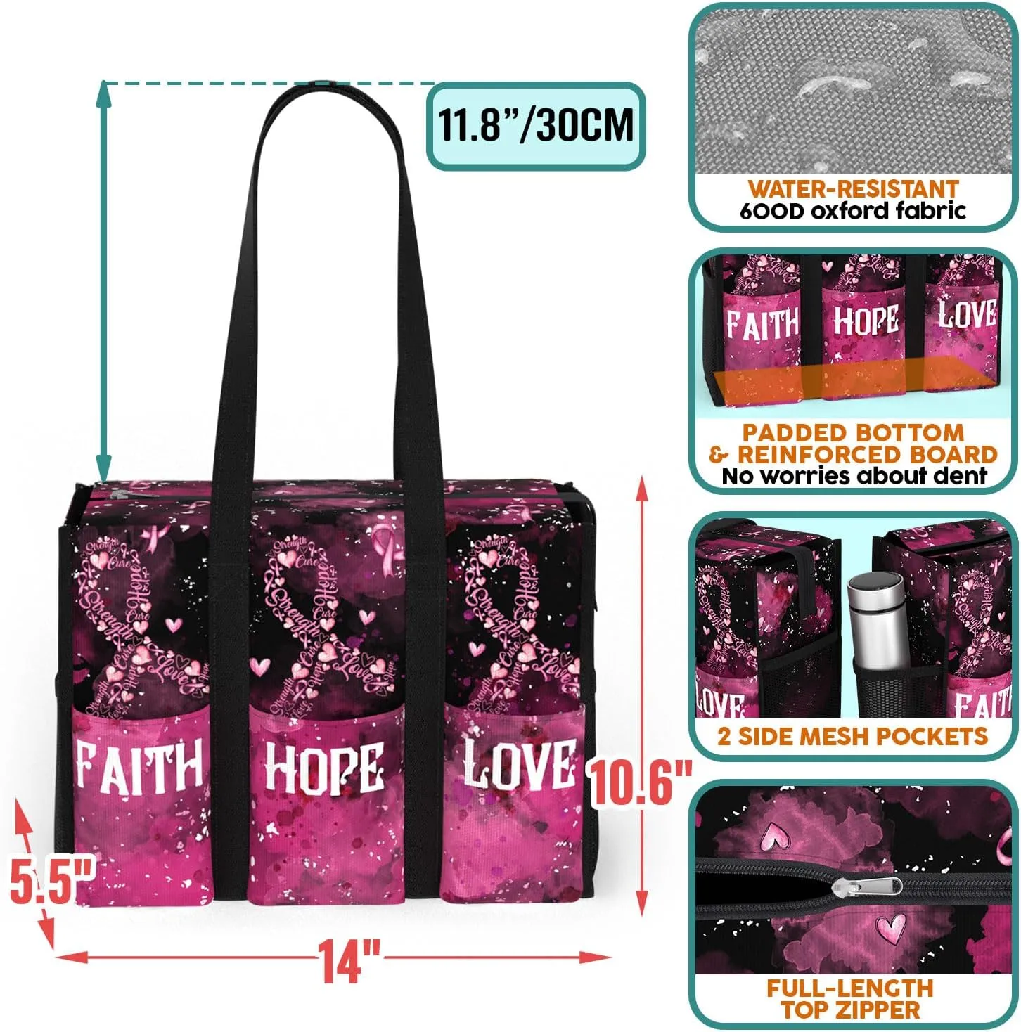 84hoods Multi-Pocket Waterproof Tote Bag with Multiple Convenient Pockets and Zipper. Breast Cancer Awareness Gift for Women.