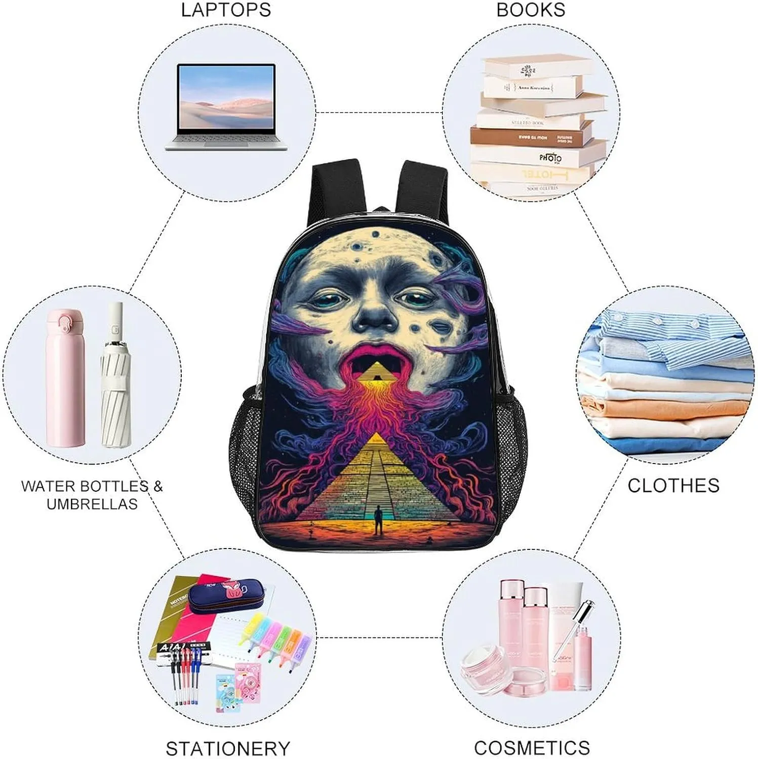 Abstract Egyptian Pyramid Spaceship Art Rucksack Transparent Anti-Theft Multipurpose Carry On Bag Large Capacity Travel and Sport Backpack Rucksack With Smooth Zippers