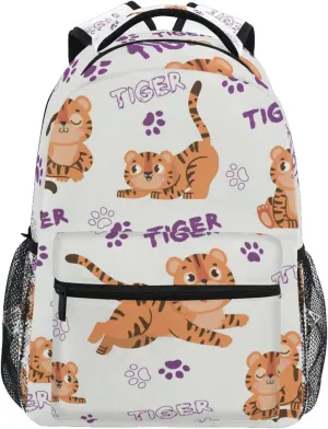 Acpiggto Backpack Purple White Tiger Letter Paw Footprints Cute Daypack Shoulder Bag for Travel Hiking Sports Gym Casual Camping