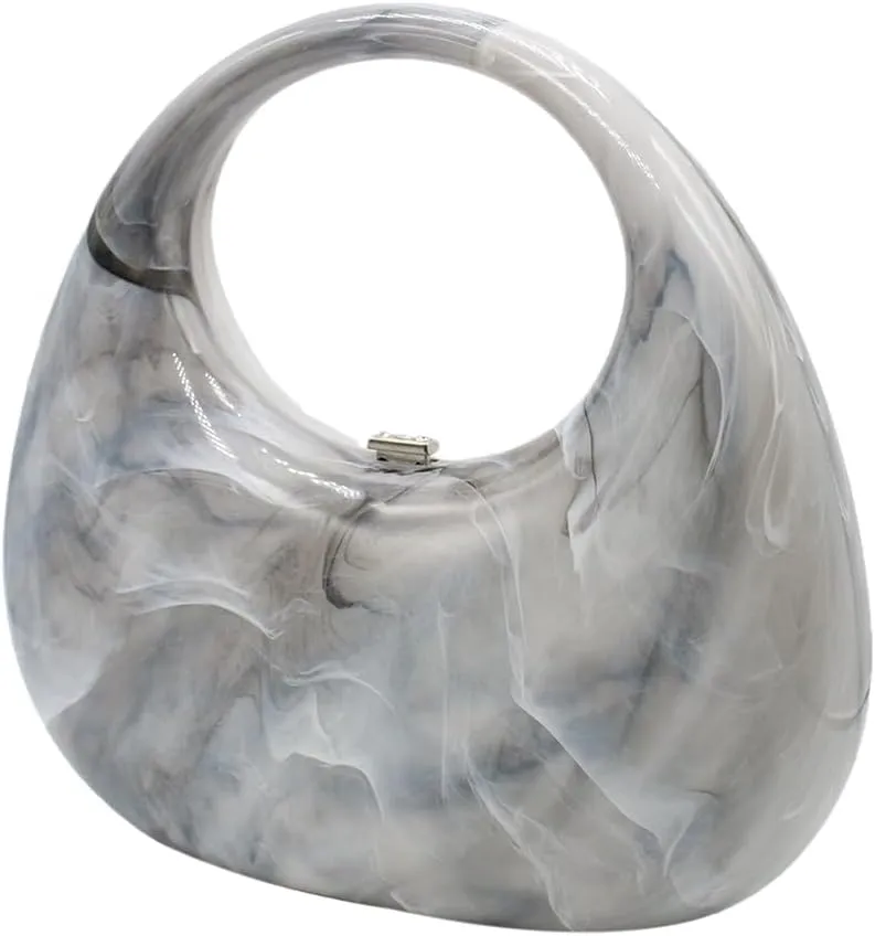 Acrylic Evening Clutch Purse Top-handle Moon Hobo Bag, Elegant Marble Handbag for Wedding Cocktail Party