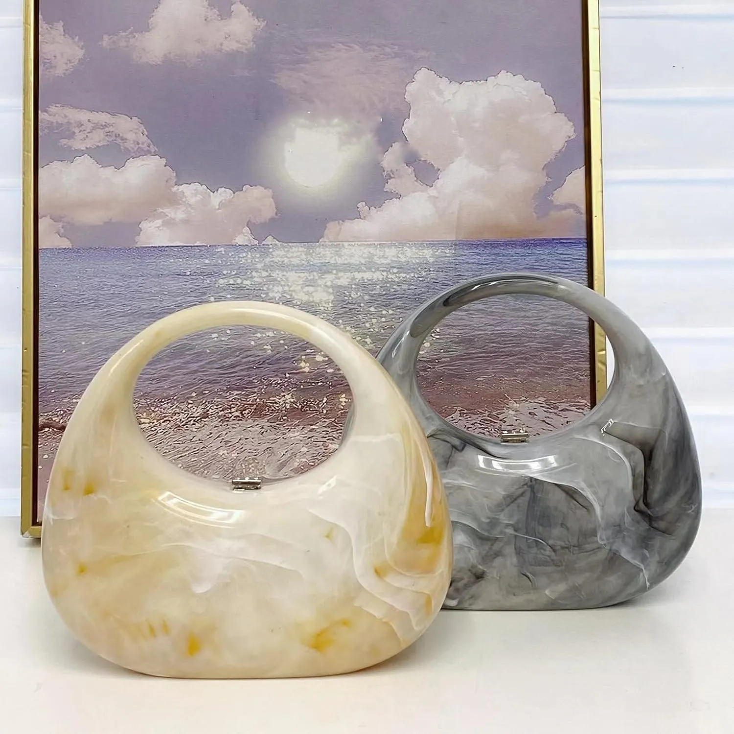 Acrylic Evening Clutch Purse Top-handle Moon Hobo Bag, Elegant Marble Handbag for Wedding Cocktail Party