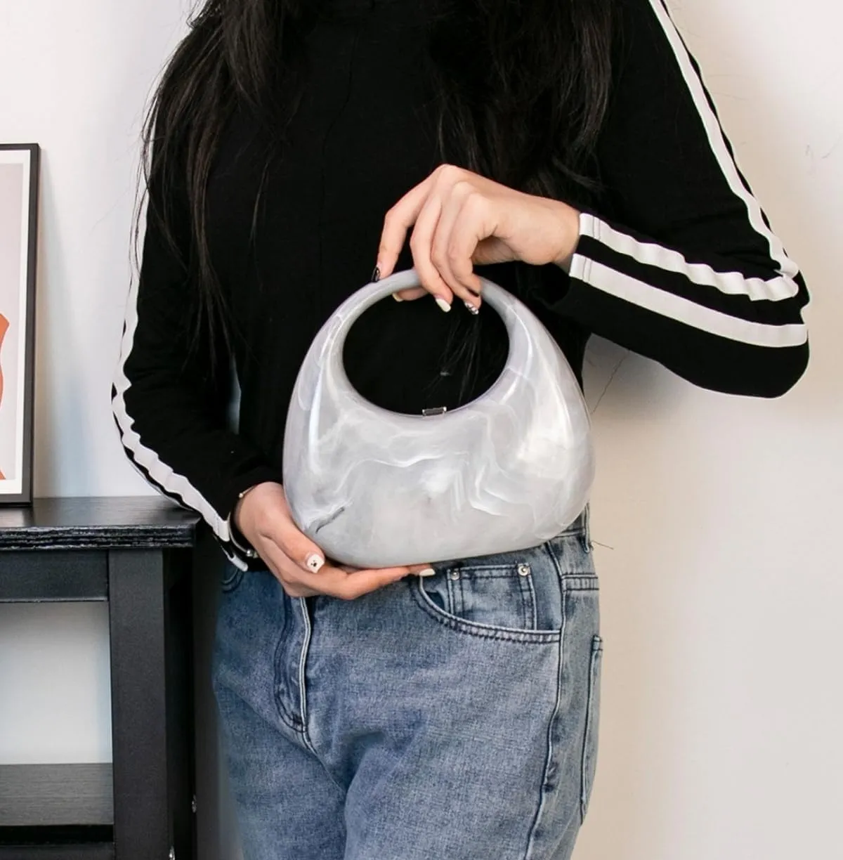 Acrylic Evening Clutch Purse Top-handle Moon Hobo Bag, Elegant Marble Handbag for Wedding Cocktail Party