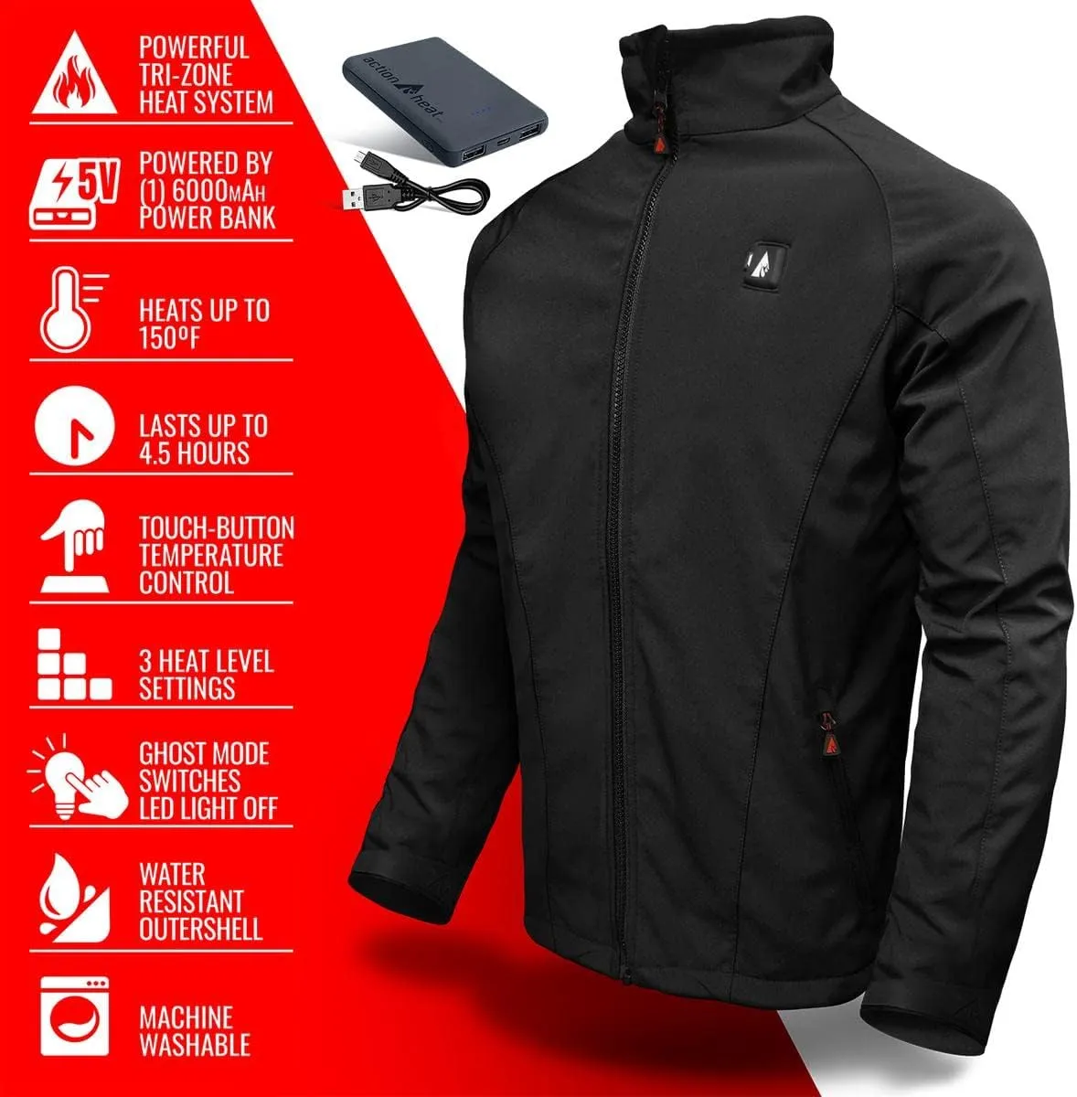 ActionHeat Mens Heated Jacket for Hunters, Skiers, Campers Soft Shell Machine Wash Heats up to 150 Degrees up to 6 Hrs