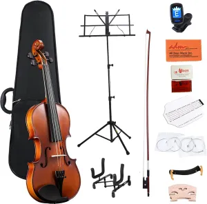 ADM Acoustic Violin for Kids Beginners, 4/4 Full Size Violin Set Solid Wood Ebony for Teens Students Starter Kit with Hard Case, Rosin, Shoulder Rest, Bow, Music Stand, Violin Stand and Strings,Brown