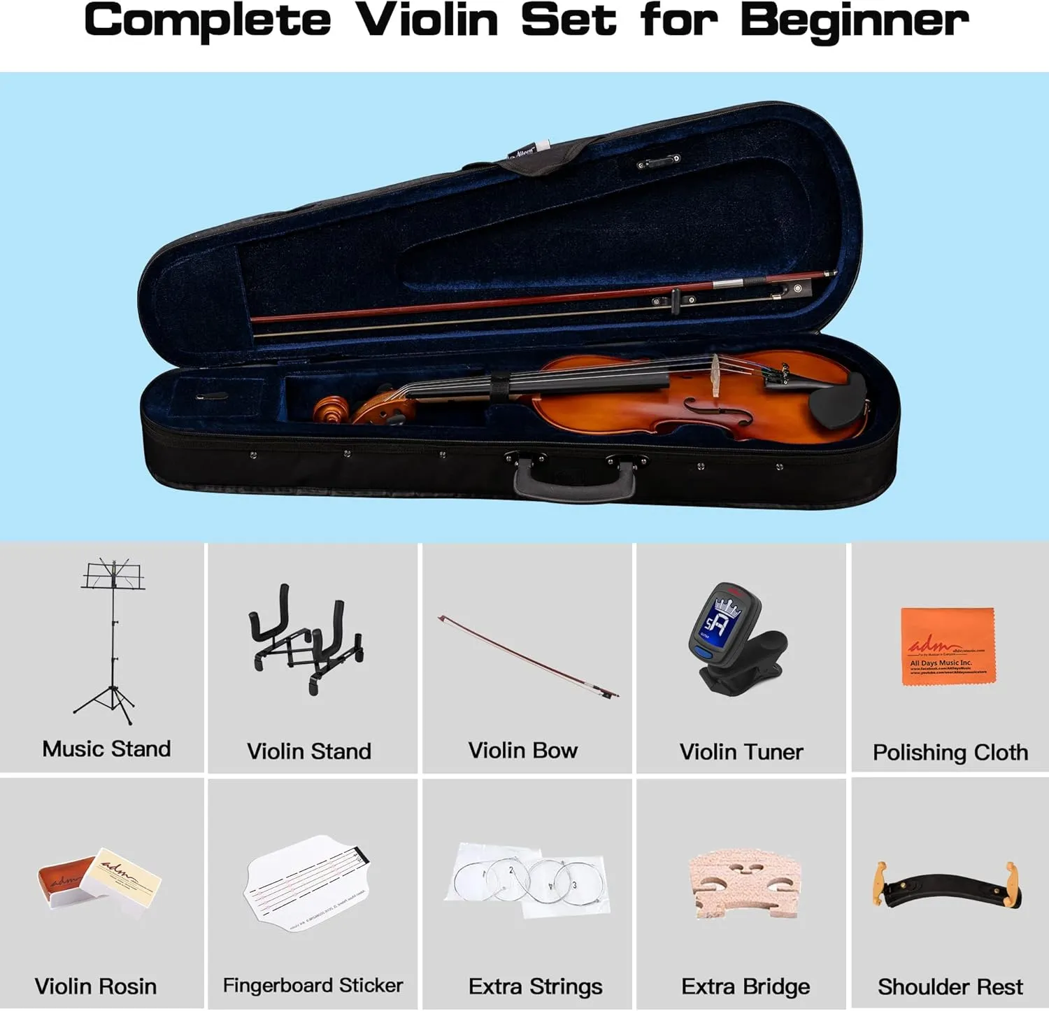 ADM Acoustic Violin for Kids Beginners, 4/4 Full Size Violin Set Solid Wood Ebony for Teens Students Starter Kit with Hard Case, Rosin, Shoulder Rest, Bow, Music Stand, Violin Stand and Strings,Brown