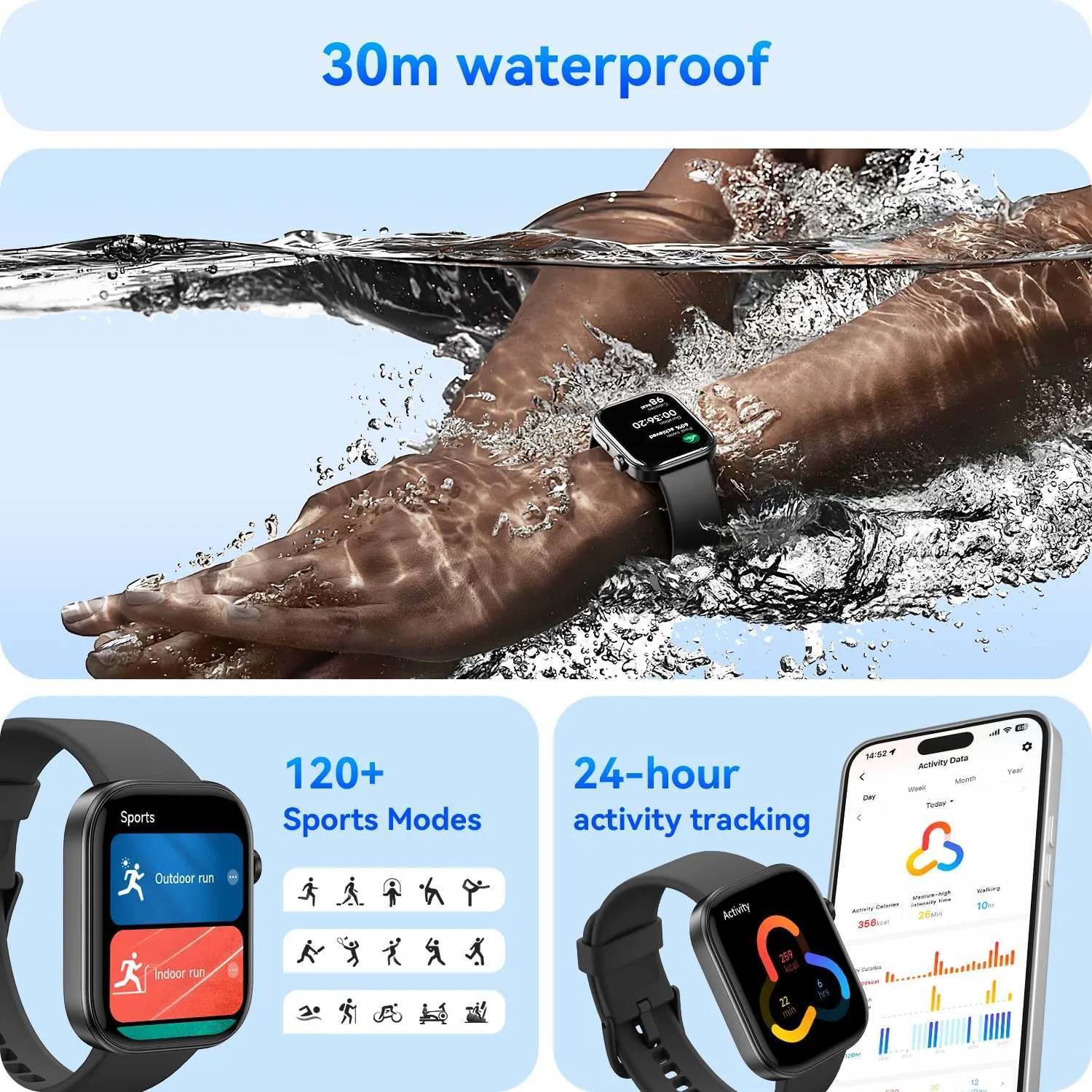 aeac Smart Watch for Men Women iPhone & Android,1.99" AMOLED Screen 3ATM Waterproof Fitness Watch with Answer/Make Call AI Voice,24H-Heart Rate/SpO2/BP Monitor,120  Sports Modes (Black, 1.99)