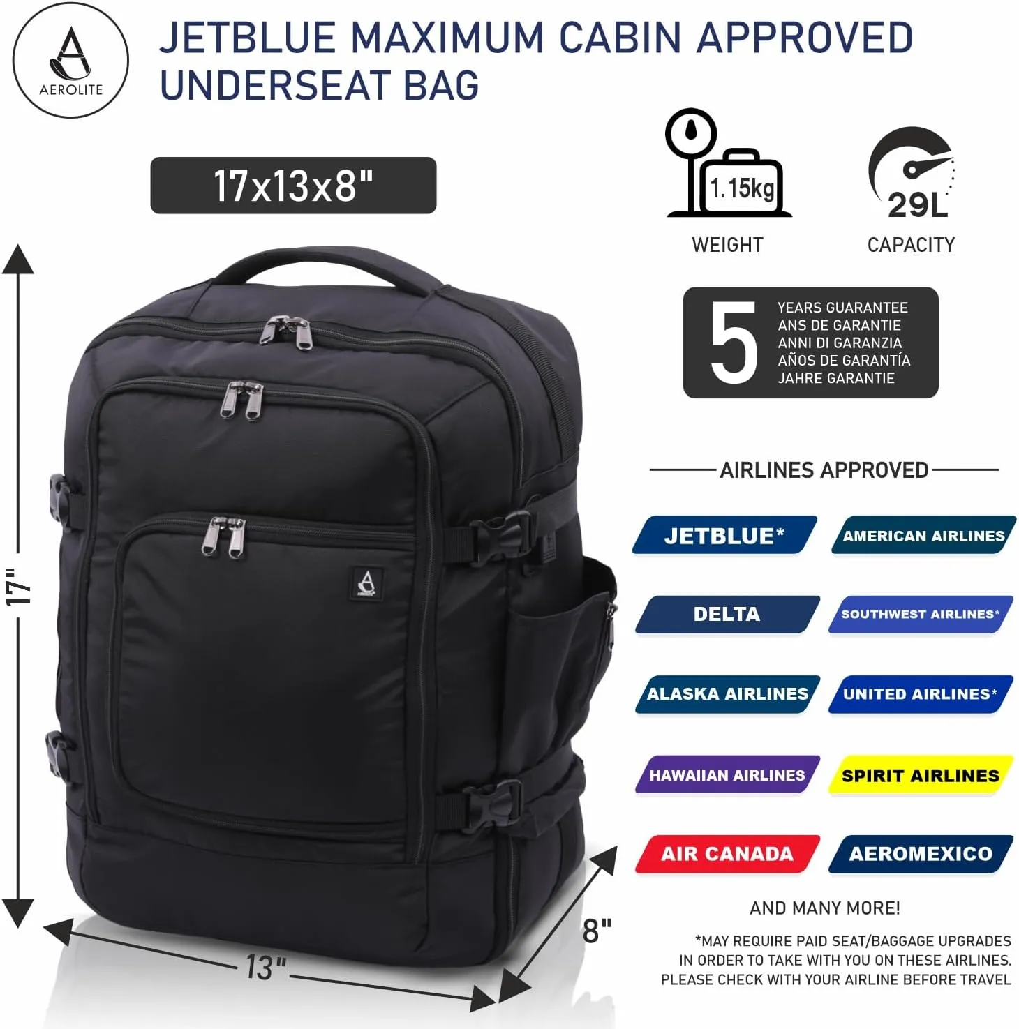 Aerolite 17x13x8” Jetblue Airlines Maximum Size Backpack Eco-Friendly Cabin Luggage Approved Travel Carry On Holdall Lightweight Shoulder Bag Flight Rucksack with YKK Zippers 5 Year Warranty