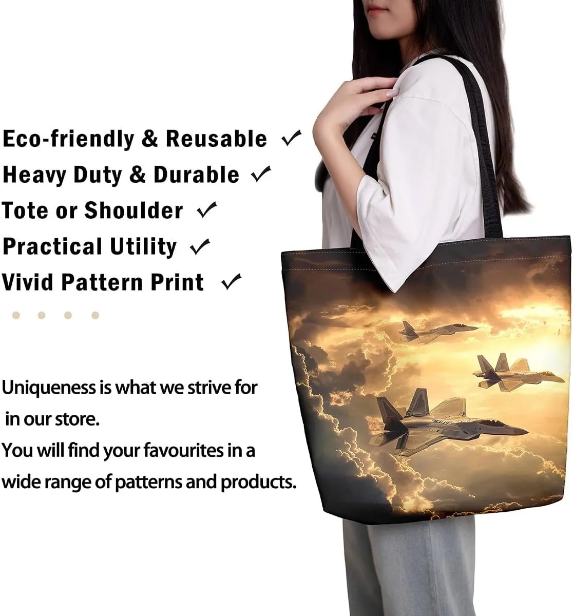 Aircraft Tank Canvas Tote Bag,Military Theme for Shopping Gym,Large Capacity Shoulder Handbags
