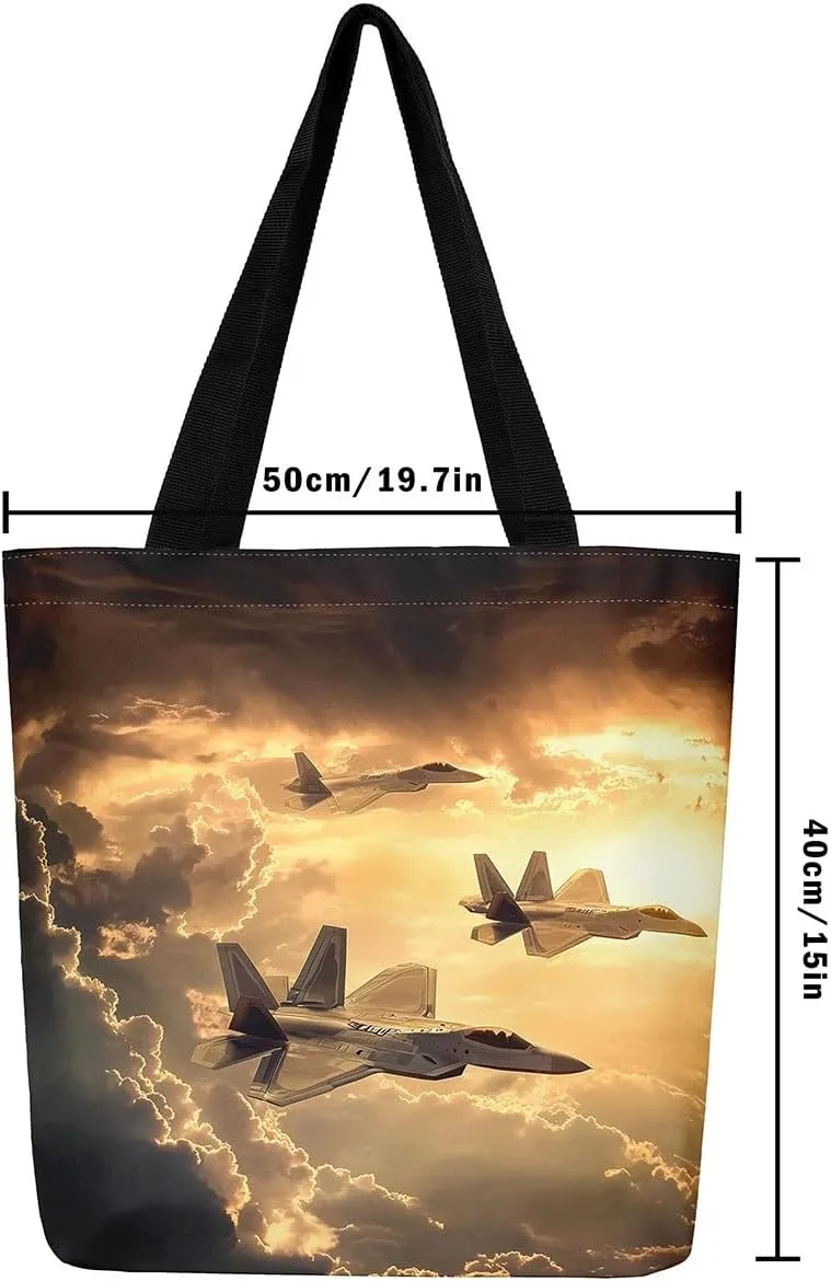 Aircraft Tank Canvas Tote Bag,Military Theme for Shopping Gym,Large Capacity Shoulder Handbags