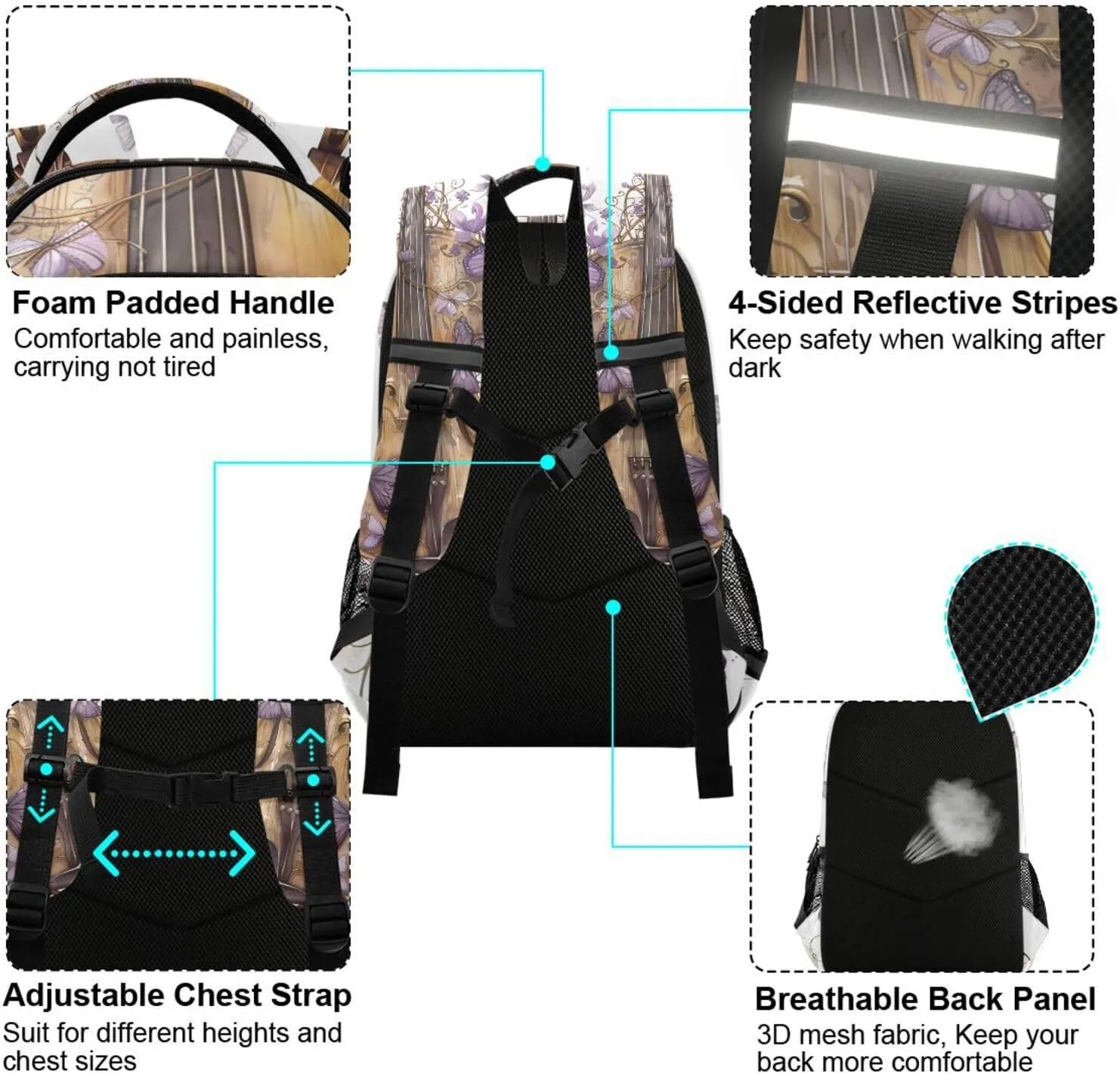 ALAZA Violin Butterfly Music Backpacks for Girls Boys Elementary School Bag Kids Bookbag Personalized Laptop Travel Daypack Students Rucksack