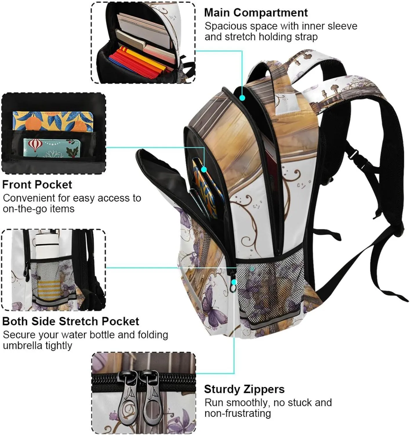 ALAZA Violin Butterfly Music Backpacks for Girls Boys Elementary School Bag Kids Bookbag Personalized Laptop Travel Daypack Students Rucksack